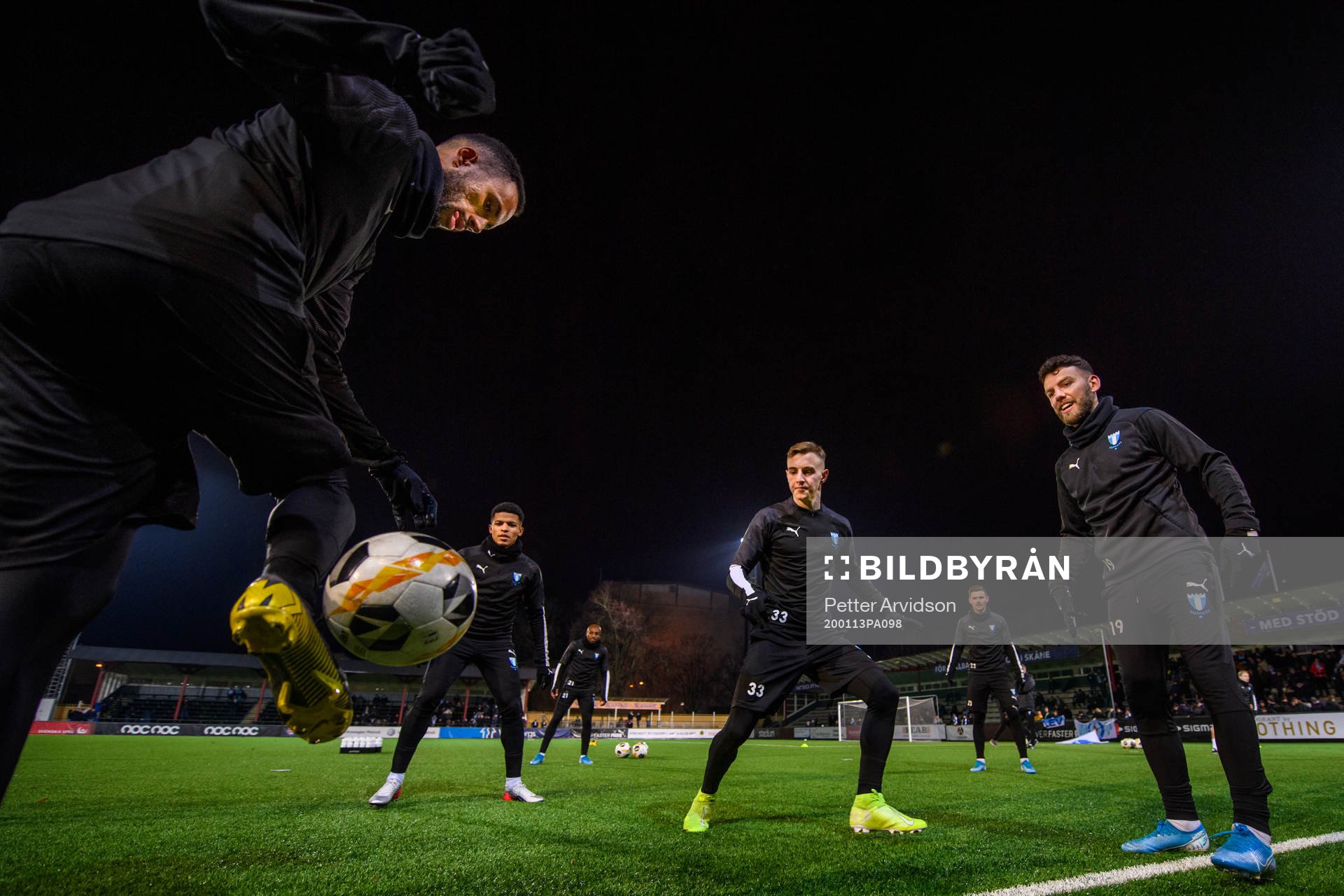 Isaac Kiese Thelin, Romain Gall, Amel Mujanic och Erdal Rakip under en fotbollsträning med Malmö FF den 13 januari 2020 i Malmö.