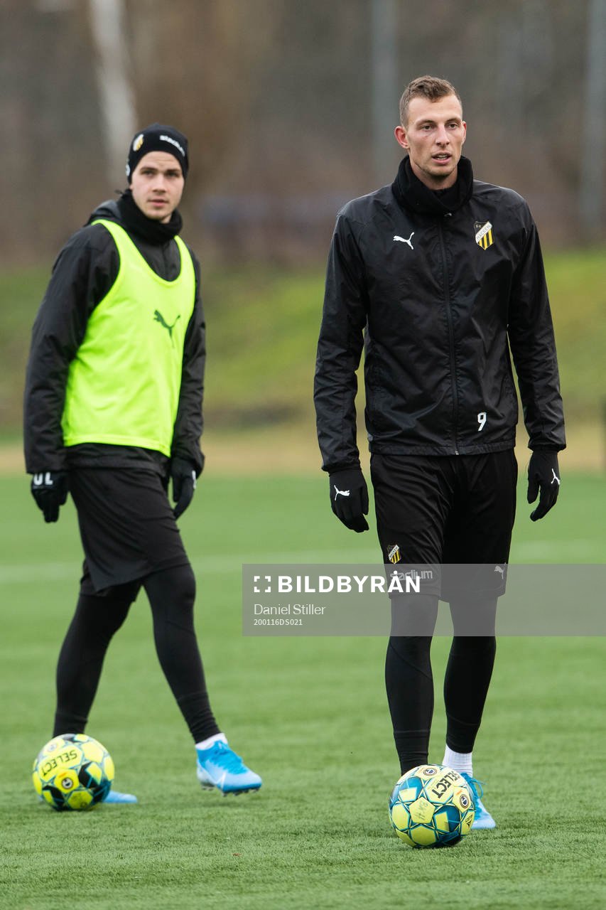 Jasse Tuominen och Gustaf Nilsson under en träning med Häcken den 16 januari 2020 i Göteborg.