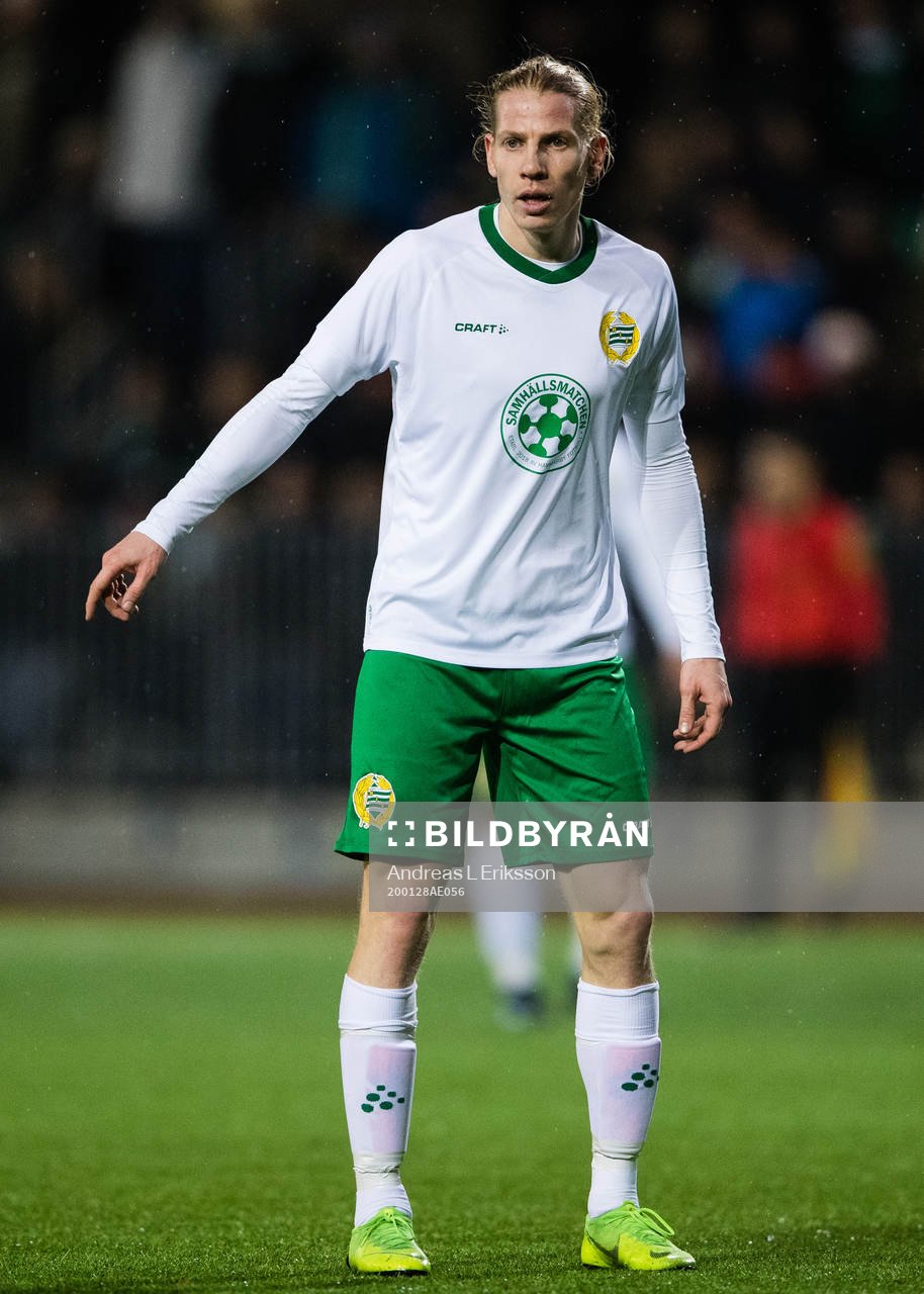 Hammarbys Gustav Ludwigson under träningsmatchen i fotboll mellan Hammarby och Midtjylland den 28 januari 2020 i Stockholm. 