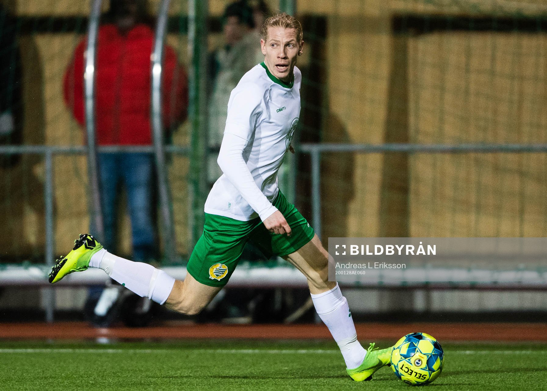 Hammarbys Gustav Ludwigson under träningsmatchen i fotboll mellan Hammarby och Midtjylland den 28 januari 2020 i Stockholm. 