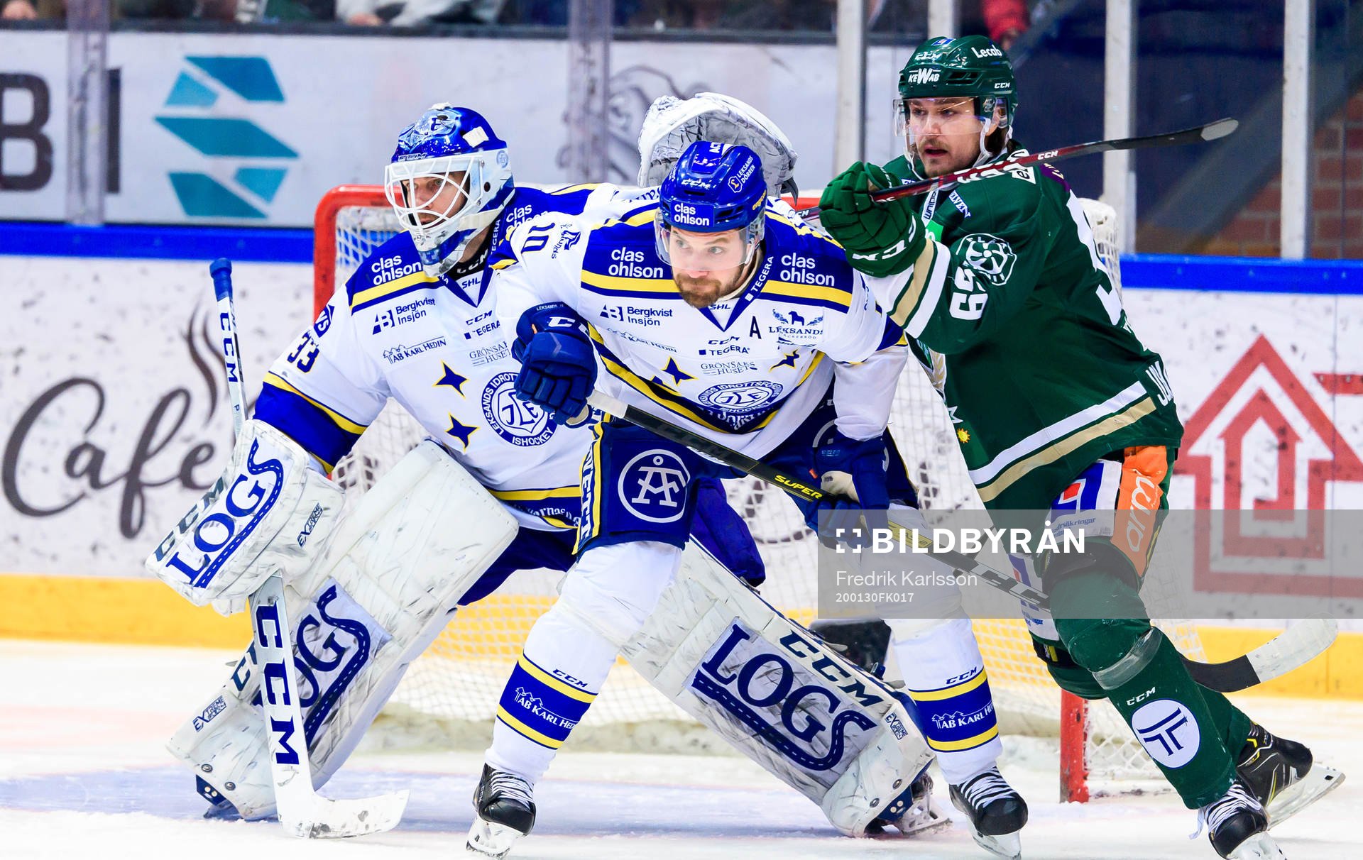 Leksands målvakt Axel Brage, Johan Fransson och