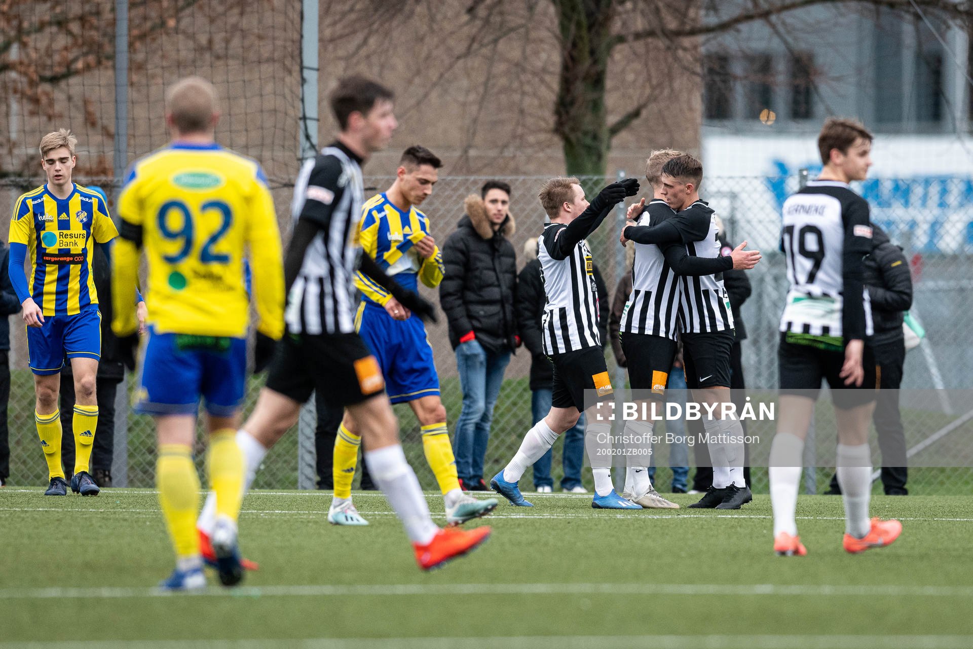Landskronas spelare jublar under en träningsmatch i fotboll mellan Landskrona och Eskilsminne den 1 februari 2020 i Landskrona.