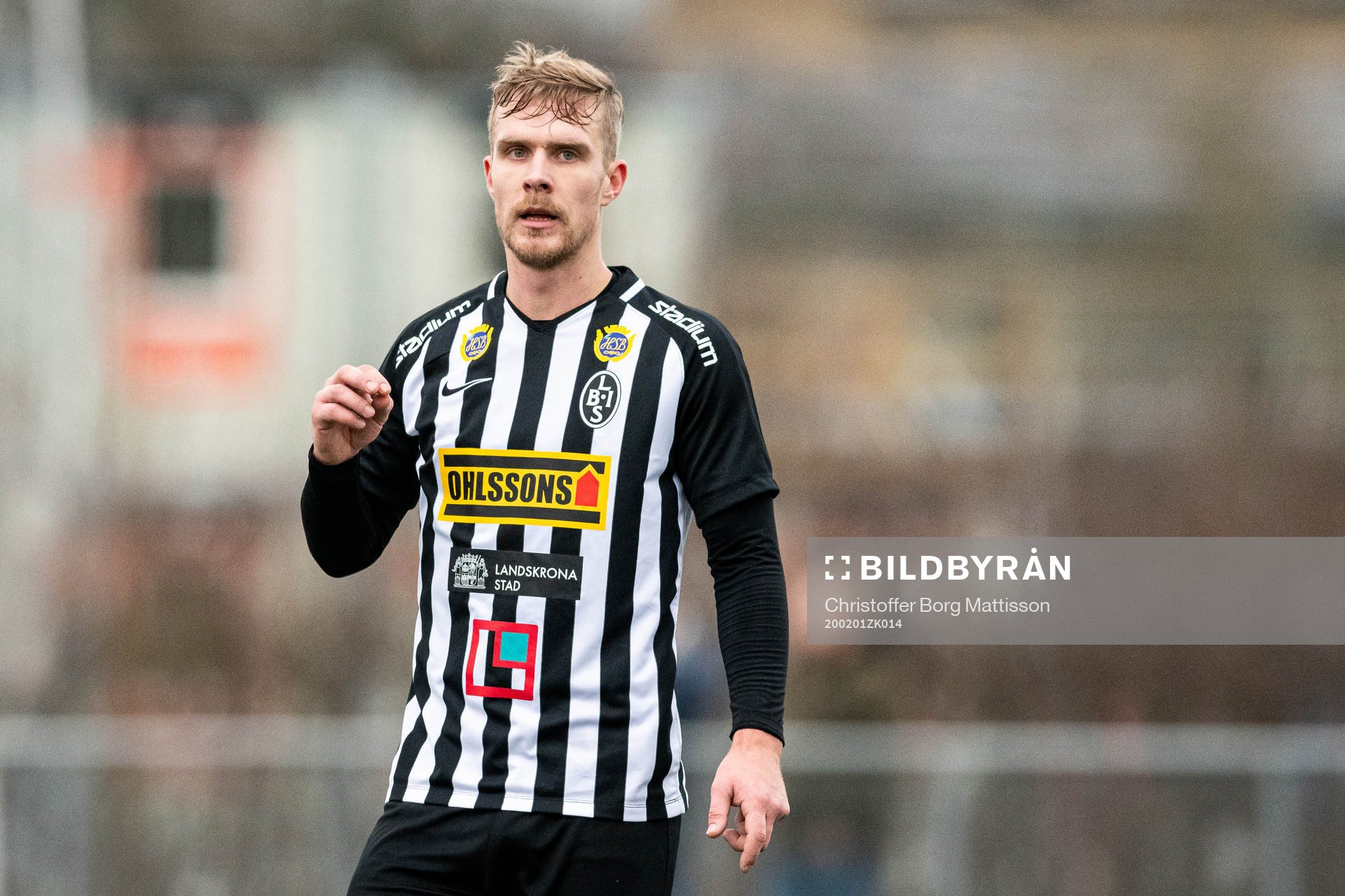 Landskronas Linus Olsson under en träningsmatch i fotboll mellan Landskrona och Eskilsminne den 1 februari 2020 i Landskrona.