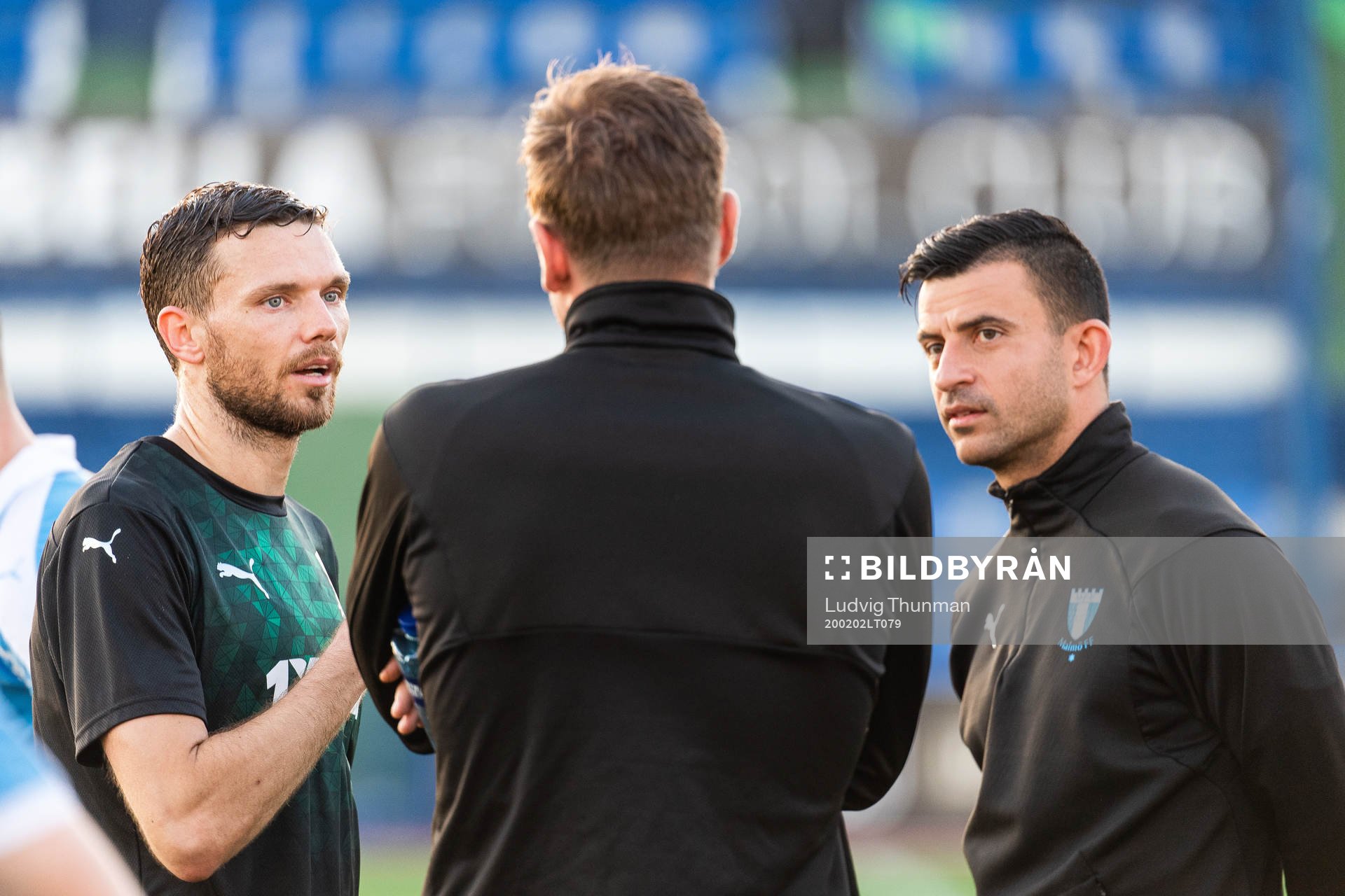 Marcus Berg of Krasnodar talking to goalkeeper Johan Dahlin and Behrang Safari of Malmö FF after the friendly match between Malmö FF and Krasnodar on February 2, 2020 in Marbella.
