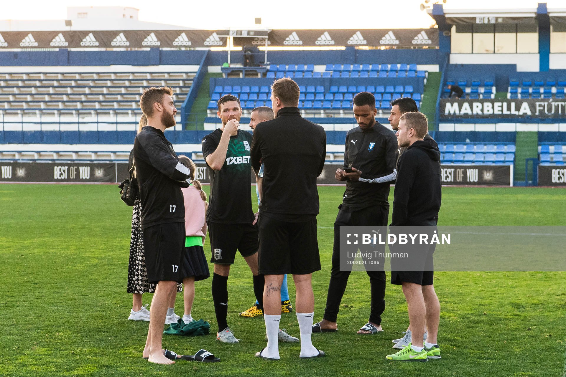 Rasmus Bengtsson, goalkeeper Johan Dahlin, Isaac Kiese Thelin, Behrang Safari and Oscar Lewicki talking to Marcus Berg of Krasnodar after the friendly match between Malmö FF and Krasnodar on February 2, 2020 in Marbella.