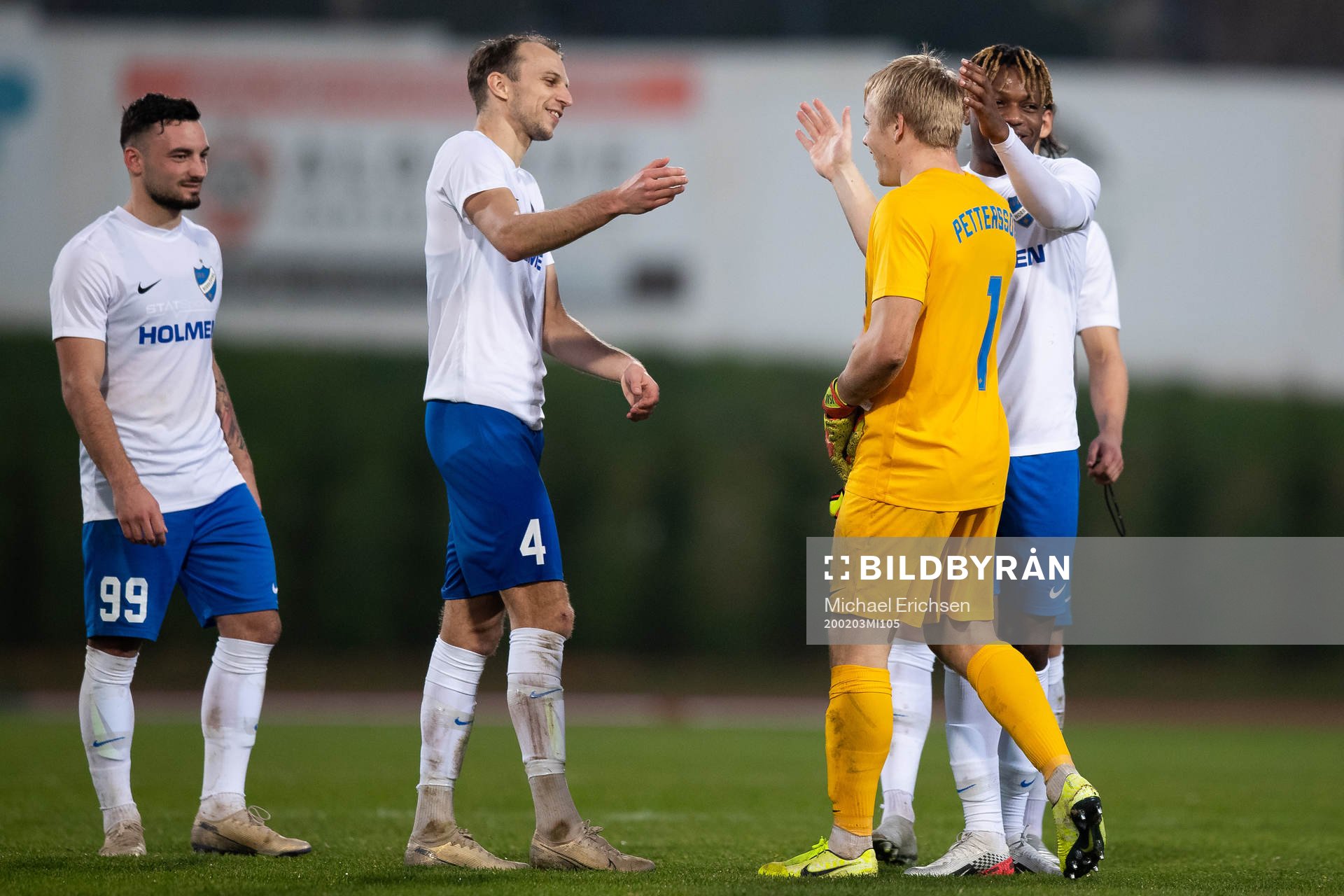 Goalkeeper Isak Pettersson of Norrköping celebrates with team mates after winning on penalty shoot out during The Atlantic Cup match between IFK Norrköping and FC Köpenhamn on February 3, 2020 in Albufeira.