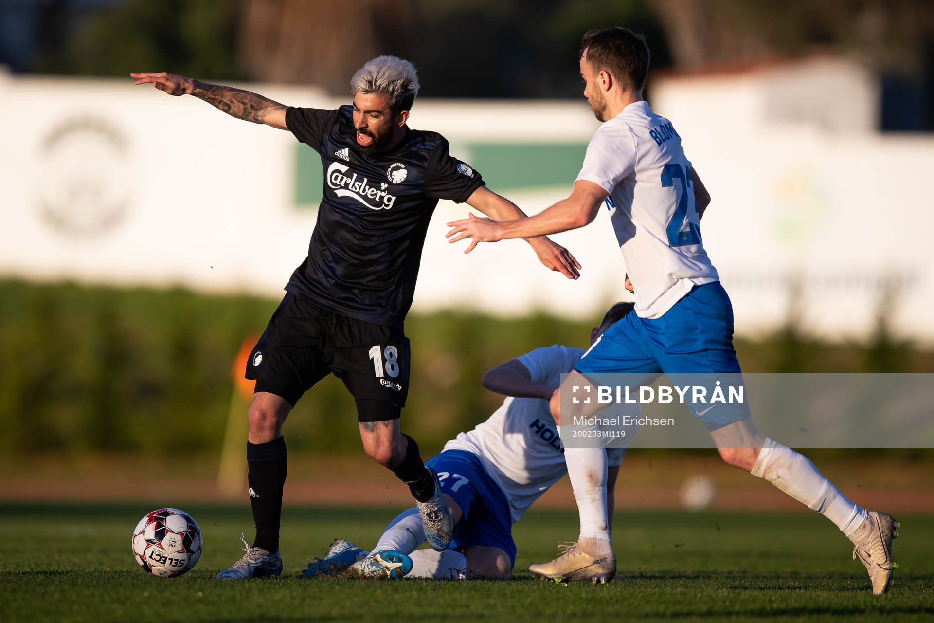 Michael Santos of Köpenhamn gets tackled by Isak Bergmann Johannesson of Norrköping during The Atlantic Cup match between IFK Norrköping and FC Köpenhamn on February 3, 2020 in Albufeira.