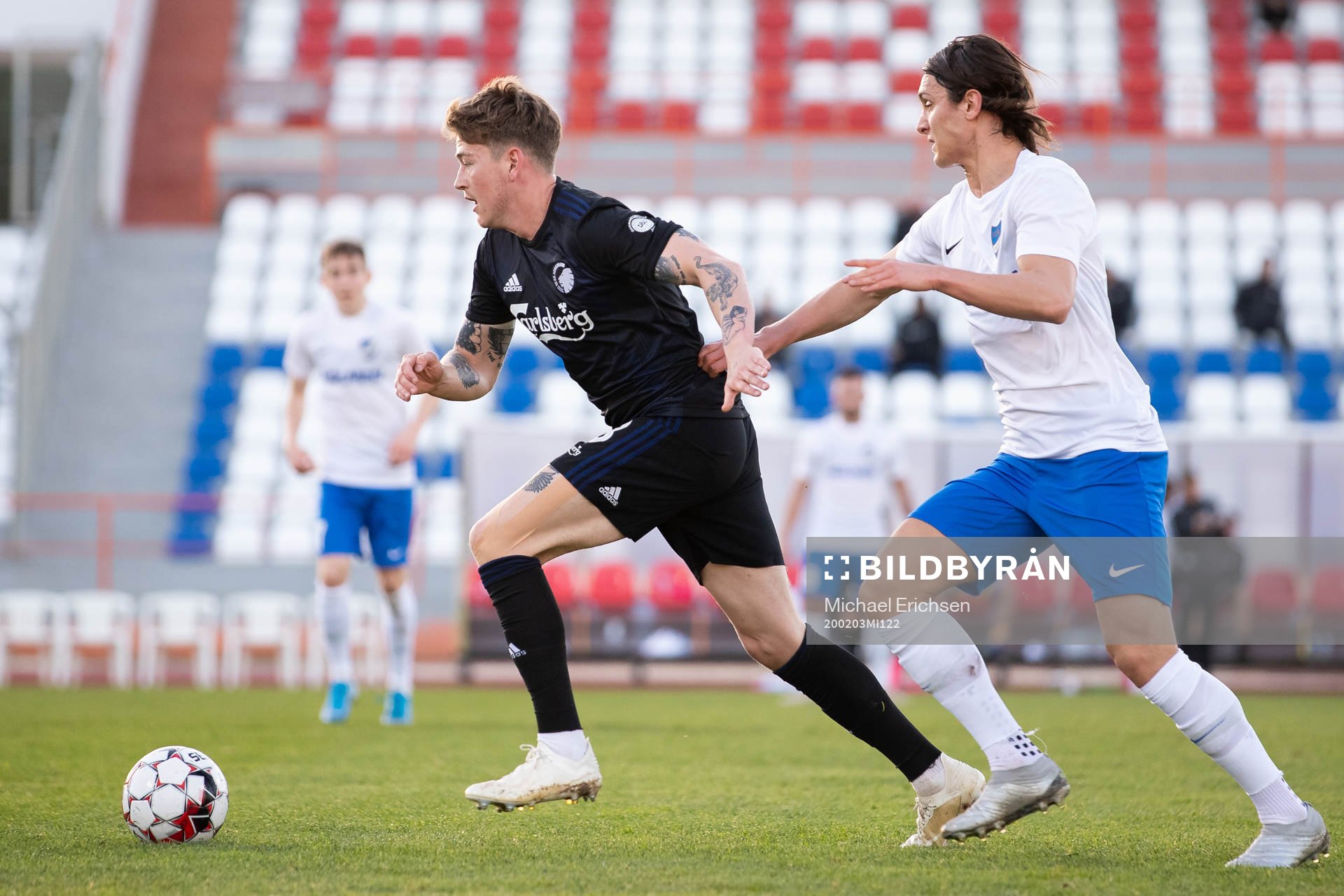 Nicolaj Thomsen of Köpenhamn and Jonathan Levi of Norrköping during The Atlantic Cup match between IFK Norrköping and FC Köpenhamn on February 3, 2020 in Albufeira.