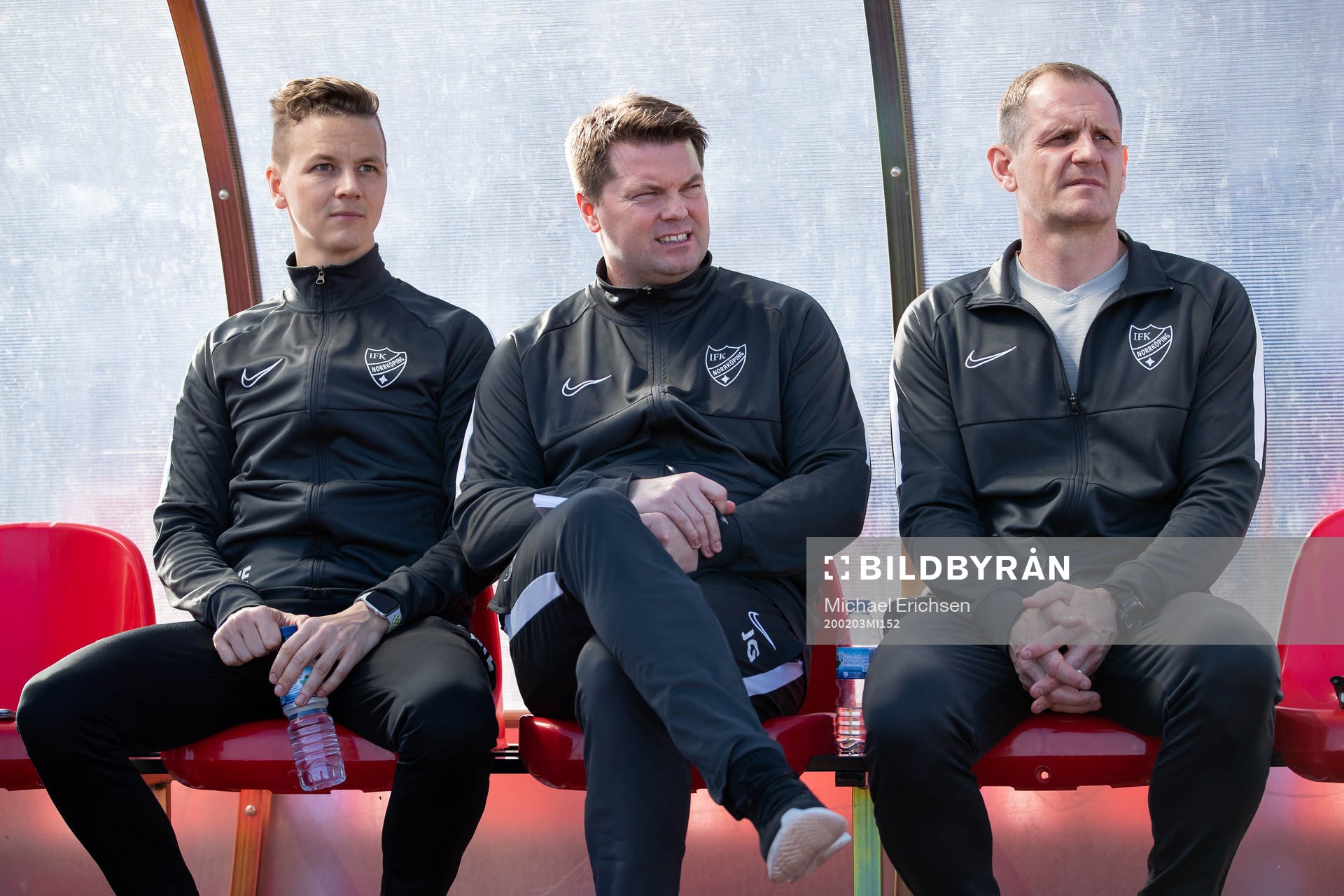 Mats Elfvendal goalkeeper trainer, head coach Jens Gustafsson and equipment manager Lennart Linder of Norrköping during The Atlantic Cup match between IFK Norrköping and FC Köpenhamn on February 3, 2020 in Albufeira.