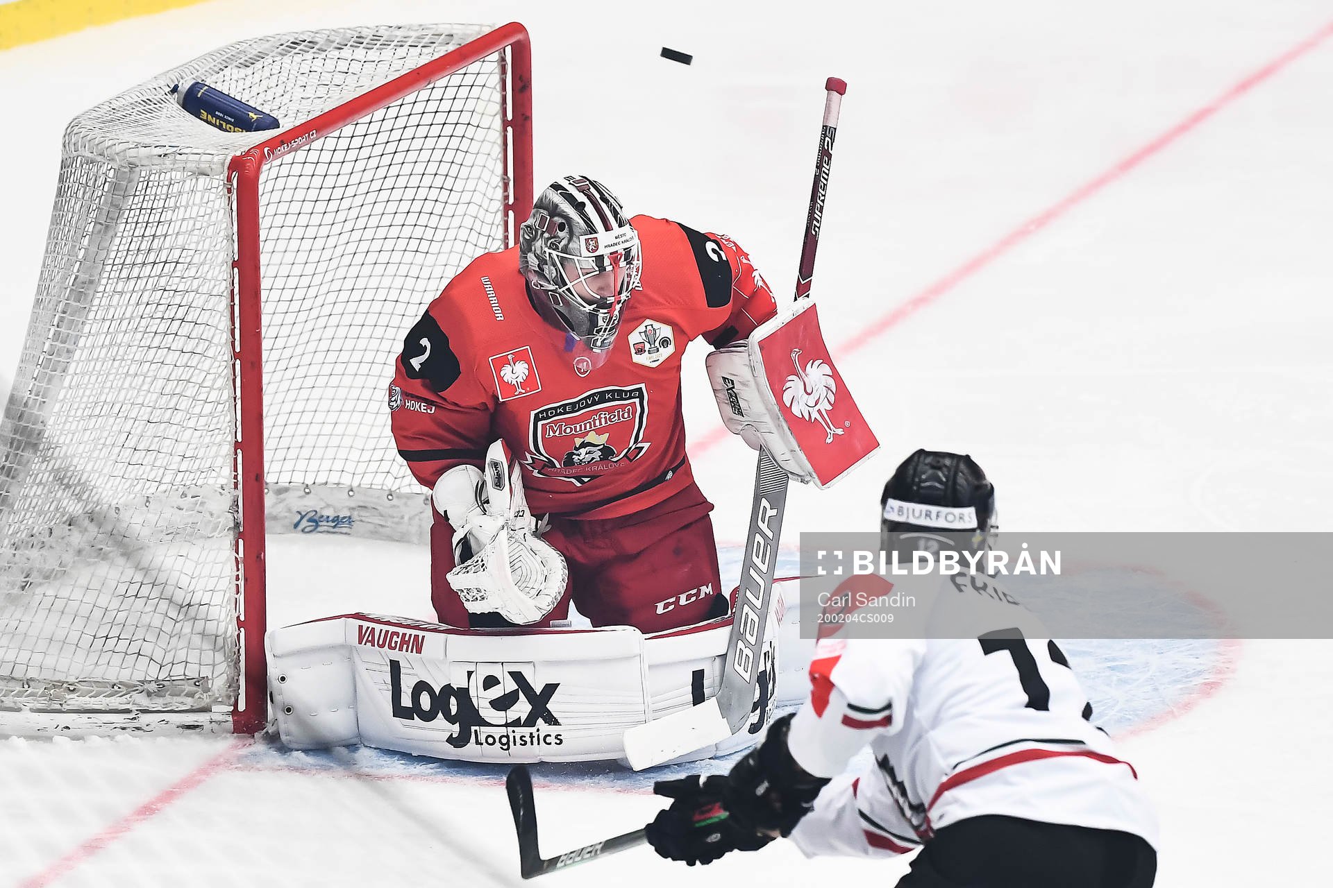 of Frölunda Max Friberg against goalkeeper Marek Mazanec