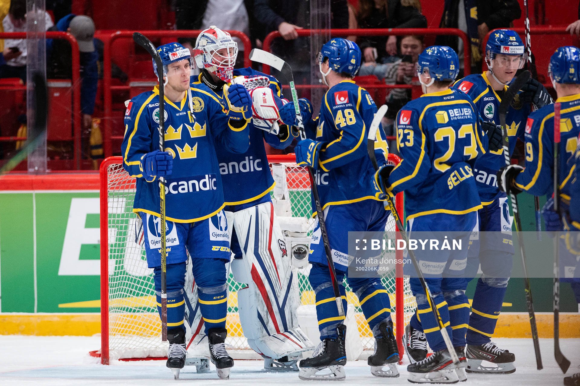 goaltender Magnus Hellberg of Sweden celebrates with his