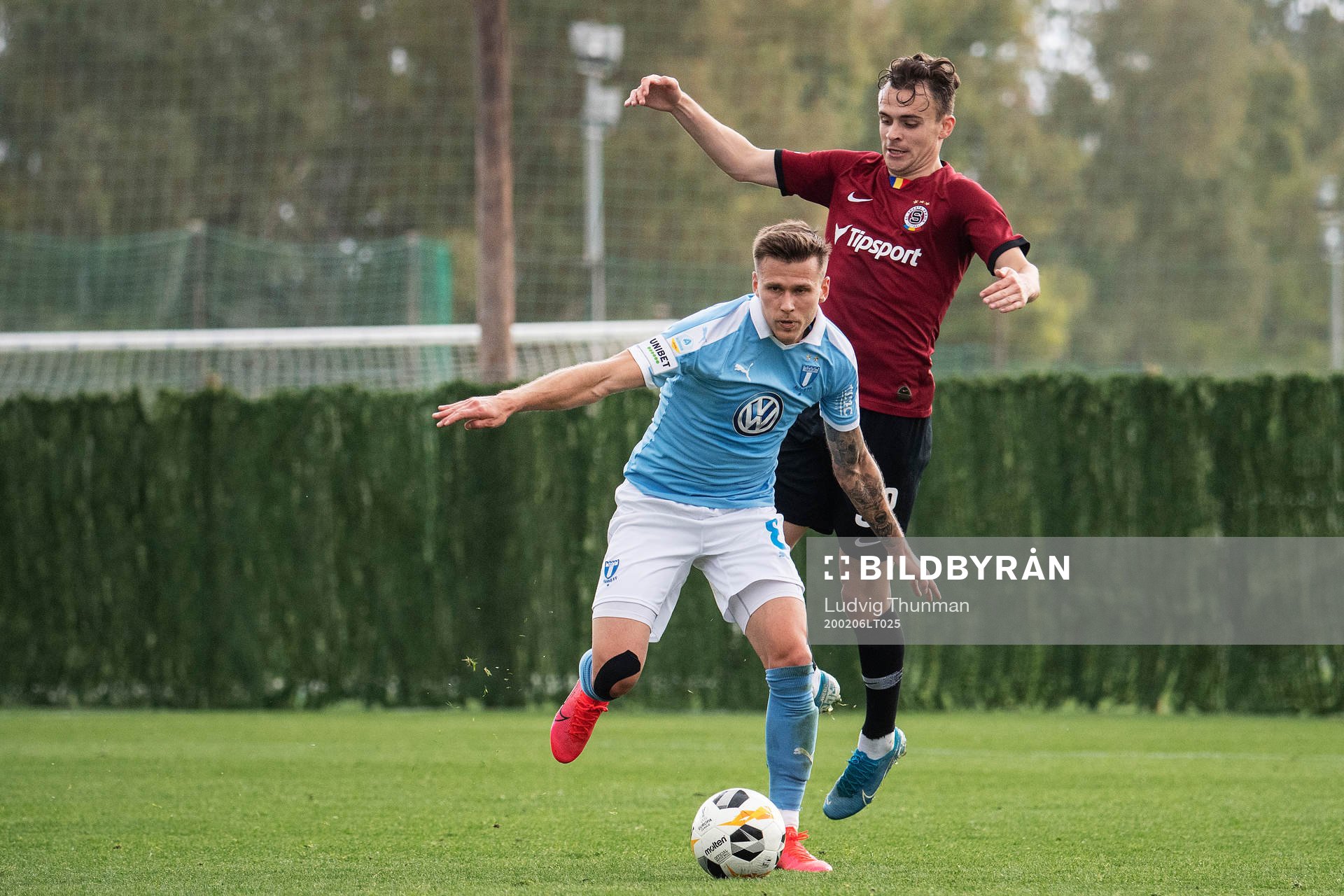 Arnor Traustason of Malmö FF and Andreas Vindheim of Sparta Prauge during the friendly match between Malmö FF and Sparta Prague on February 6, 2020 in Marbella.