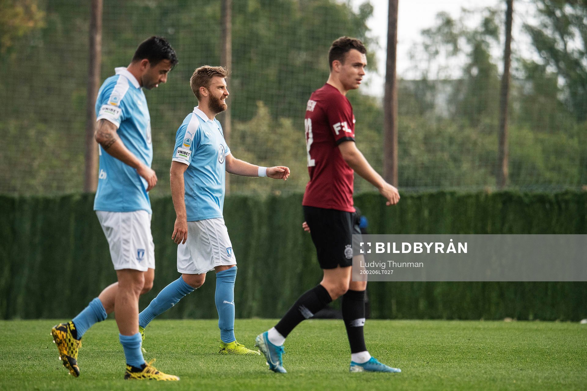 Behrang Safari and Rasmus Bengtsson of Malmö FF with Andreas Vindheim of Sparta Prauge during the friendly match between Malmö FF and Sparta Prague on February 6, 2020 in Marbella.