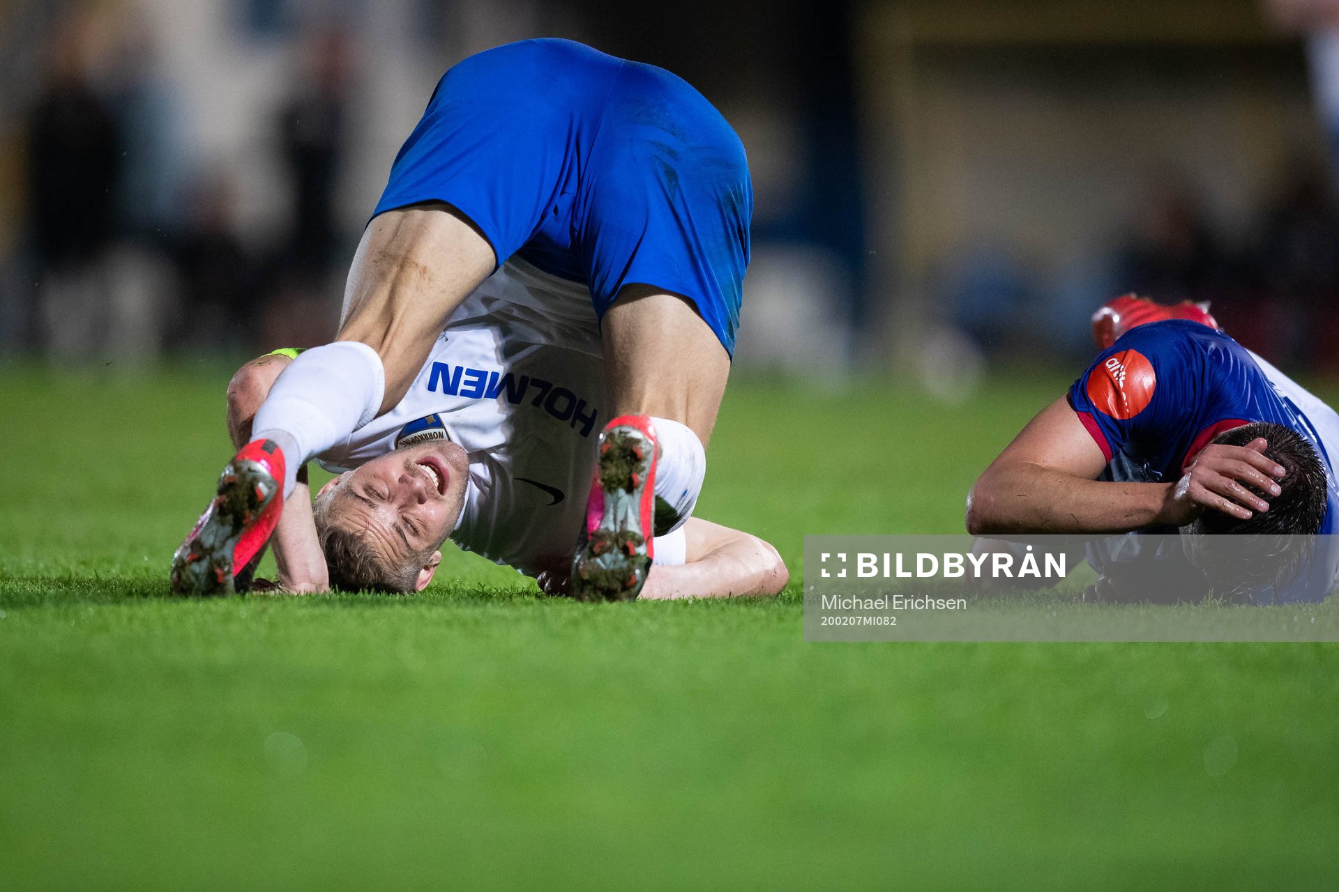 Christoffer Nyman of Norrköping collides with Johan Lädre Björdal of Vålerenga which causes him to leave the pitch due to injury during The Atlantic Cup match between IFK Norrköping and Vålerenga on February 7, 2020 in Ferreiras.