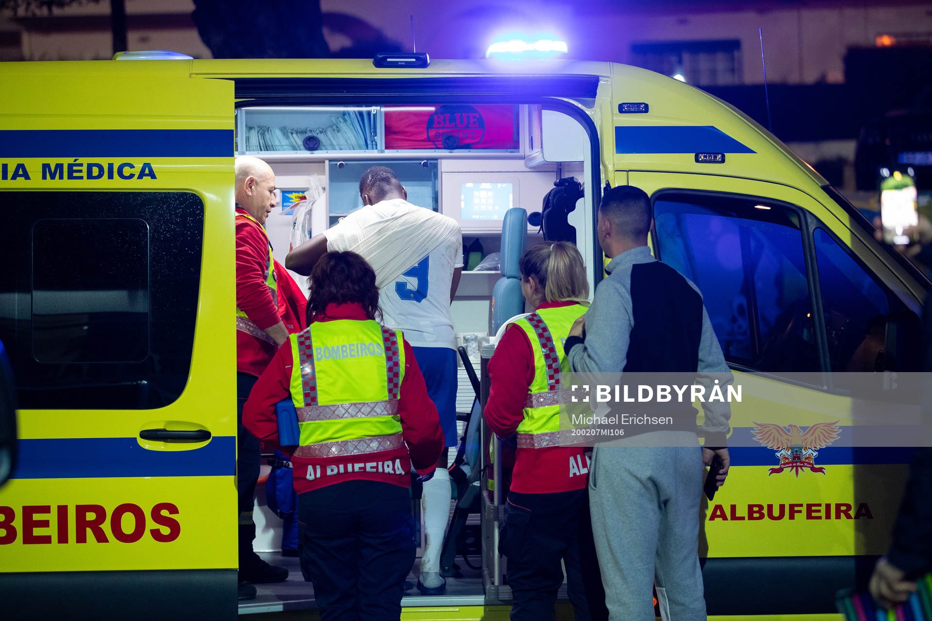 Maic Sema of Norrköping leaves the arena in an ambulance