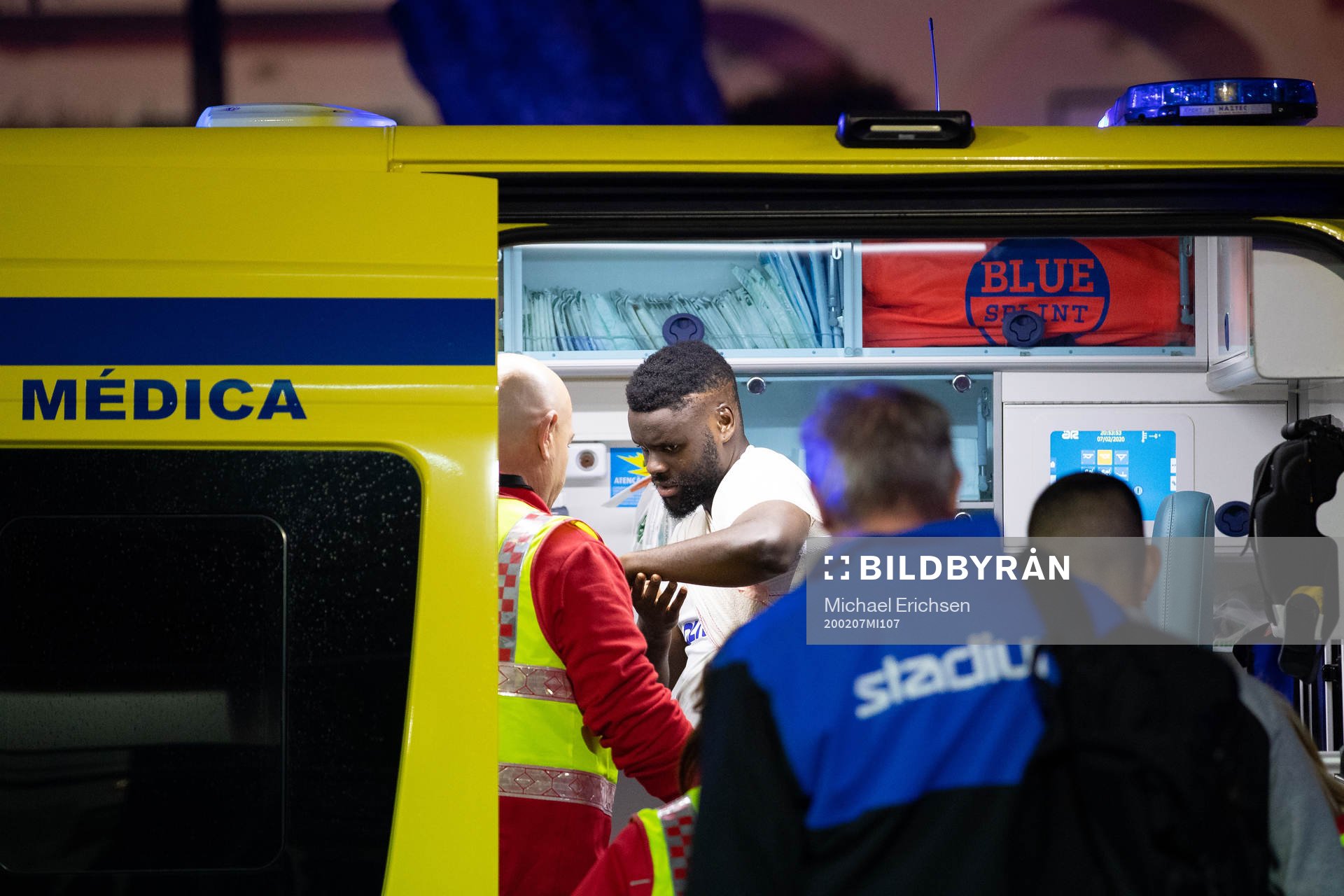 Maic Sema of Norrköping leaves the arena in an ambulance