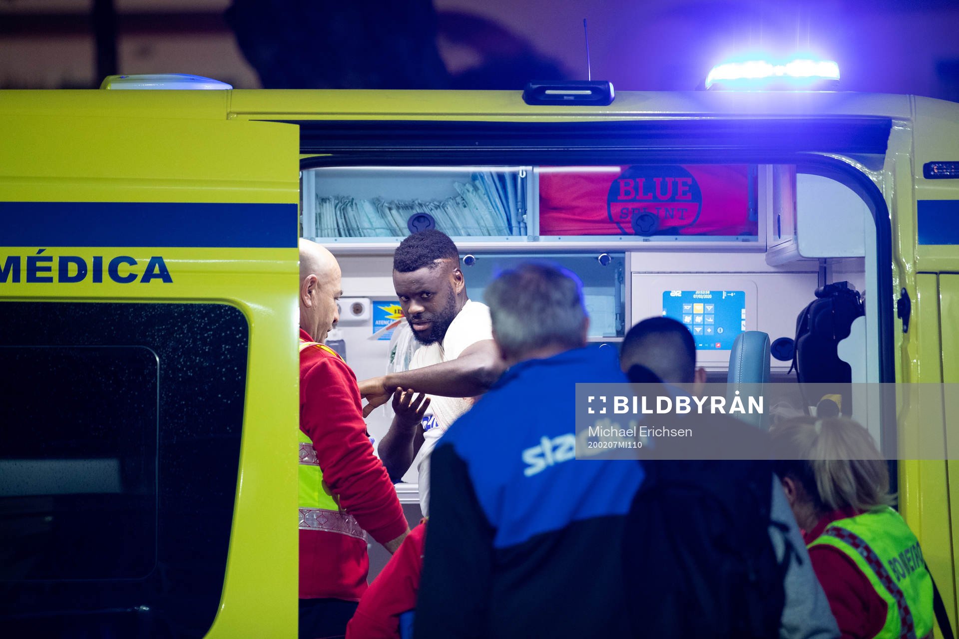 Maic Sema of Norrköping leaves the arena in an ambulance