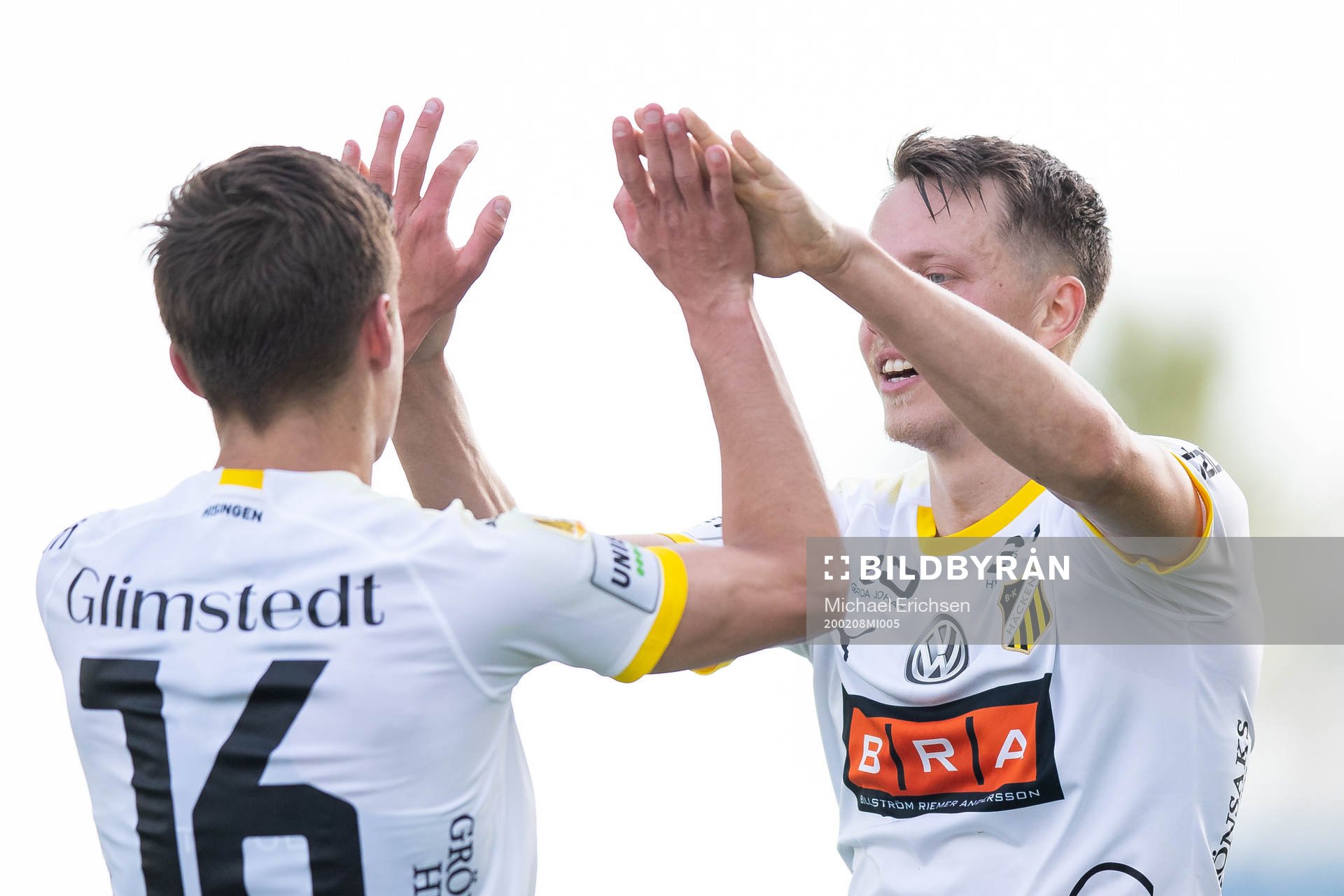 Leo Bengtsson of Häcken celebrates with team mate Viktor Lundberg after scoring 0-1 during The Atlantic Cup match between Astana and Häcken on February 8, 2020 in Algarve.