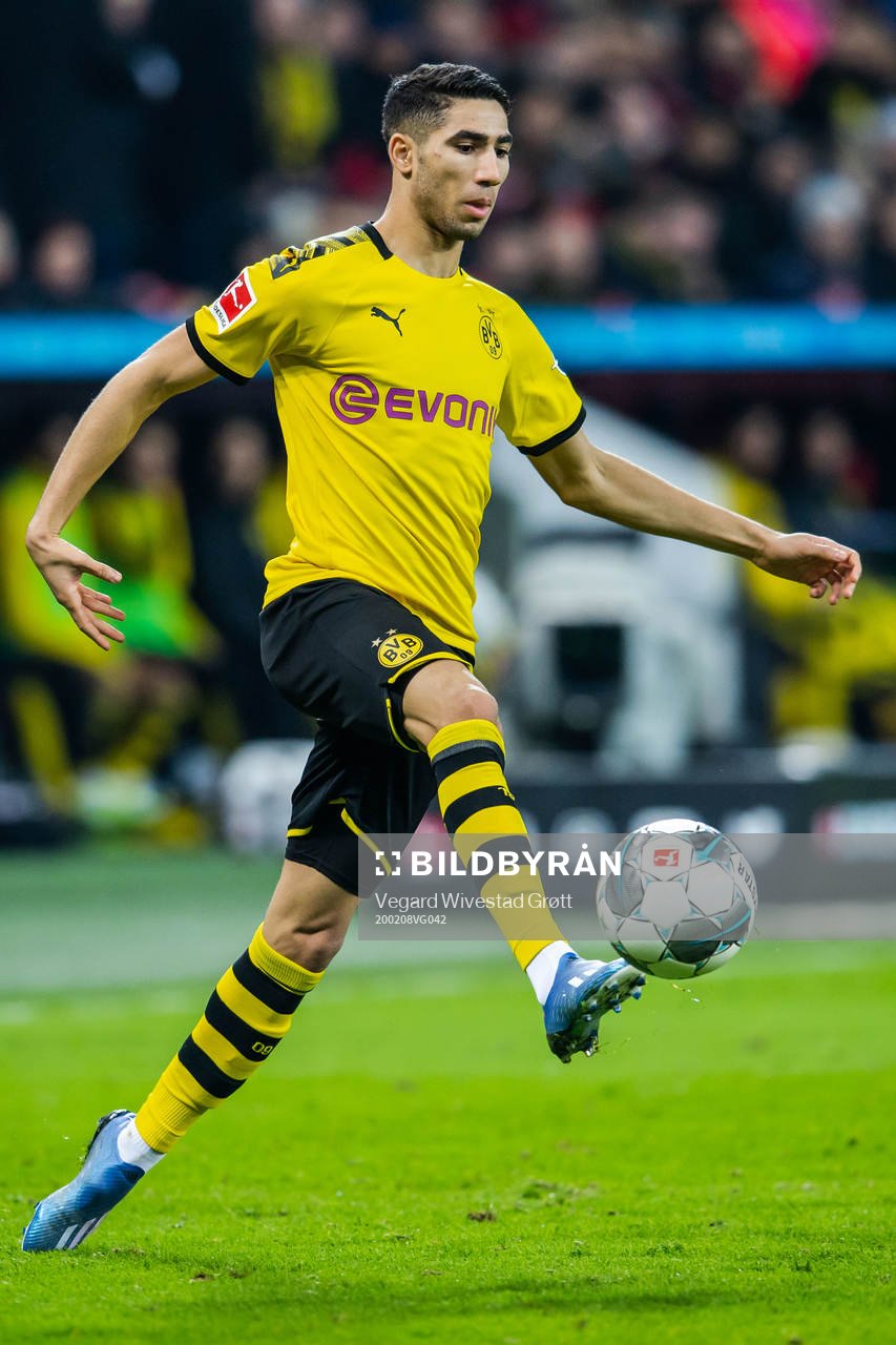 Achraf Hakimi of Borussia Dortmund during the Bundesliga football match between Bayer Leverkusen and Borussia Dortmund on February 8, 2020 in Leverkusen.