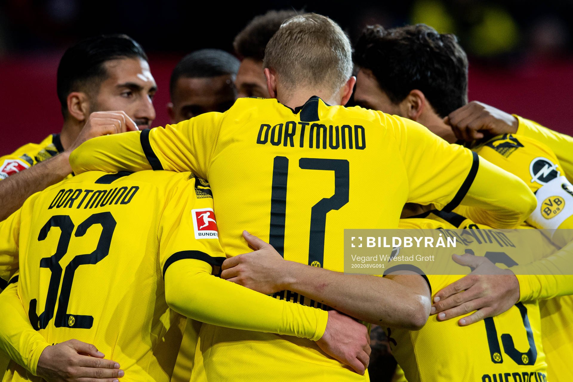 Erling Braut Haaland of Borussia Dortmund celebrates with teammates after 2-3 that was later disallowed due to a VAR-review during the Bundesliga football match between Bayer Leverkusen and Borussia Dortmund on February 8, 2020 in Leverkusen.