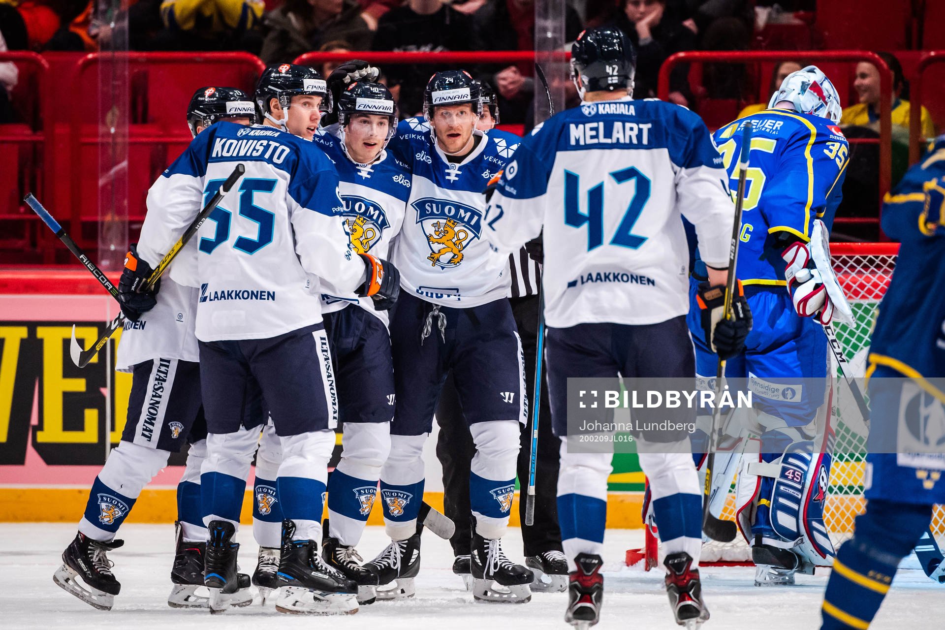 Joel Mustonen of Finland celebrate with teammates