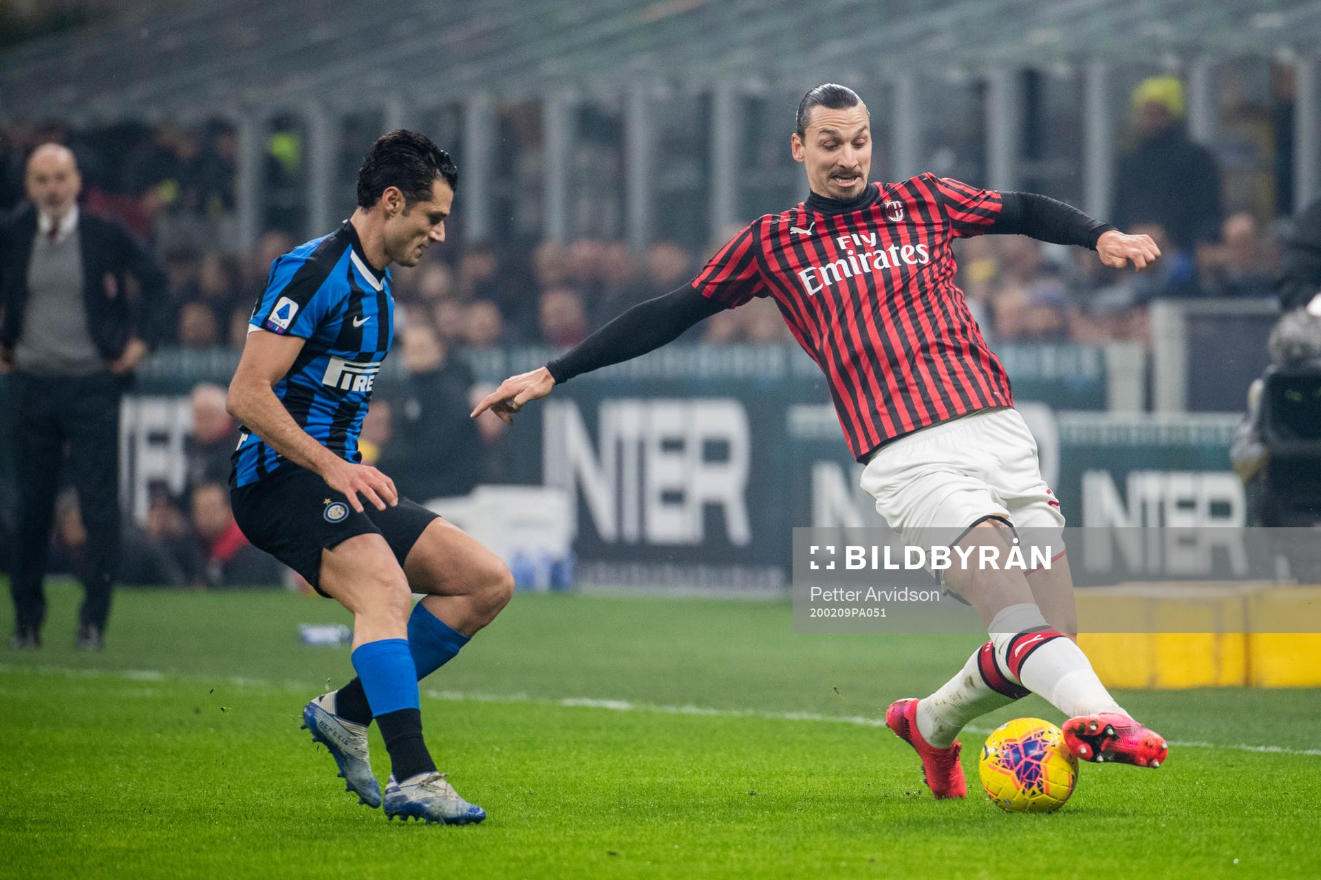Antonio Candreva of Inter and Zlatan Ibrahimovic of Milan during the Serie A match between Inter and Milan on February 9, 2020 in Milano.