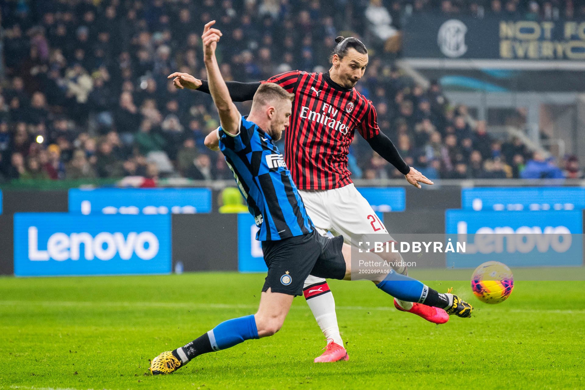 Lorenzo Pirola of Inter and Zlatan Ibrahimovic of Milan during the Serie A match between Inter and Milan on February 9, 2020 in Milano.