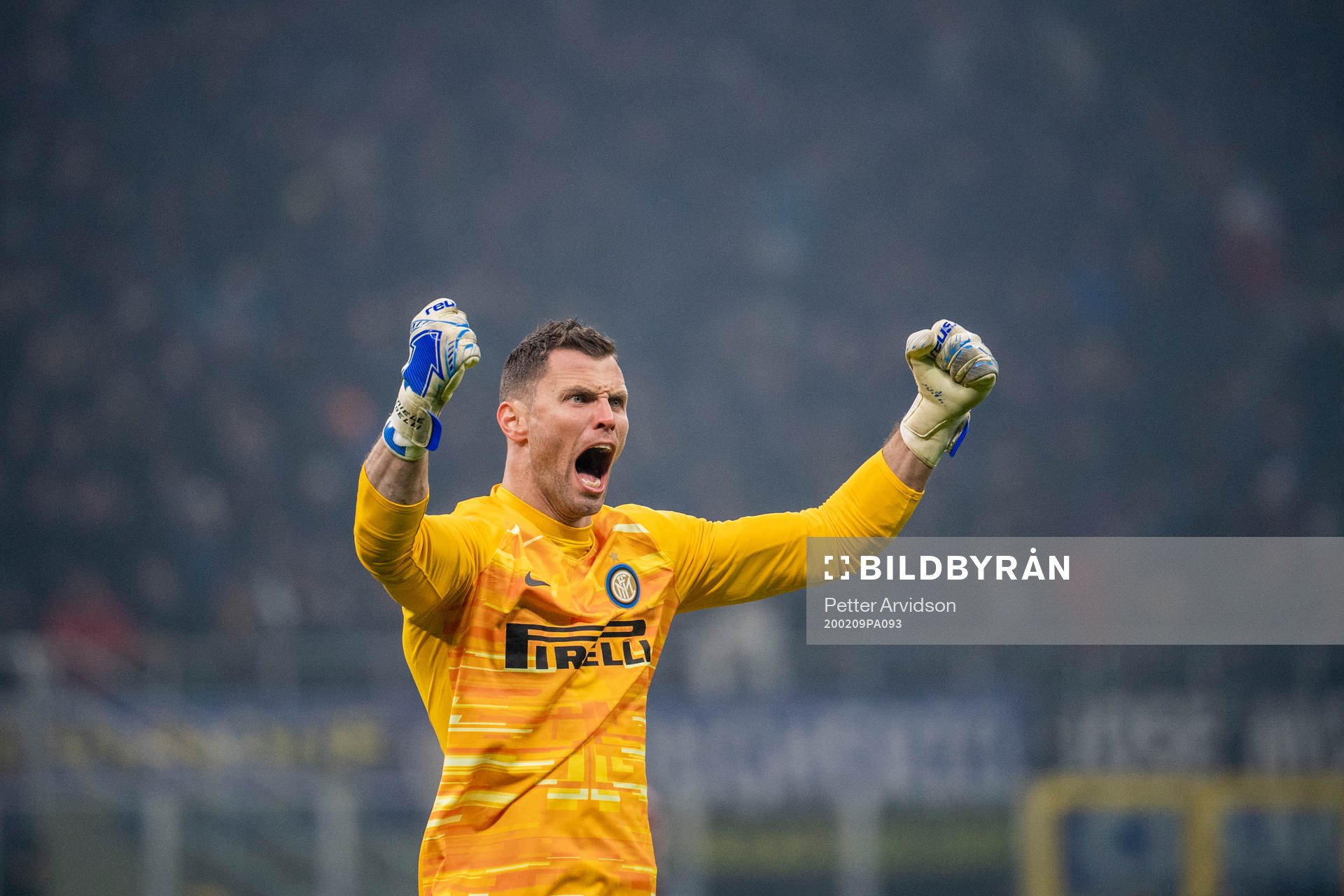 goalkeeper Daniele Padelli of Inter celebrates after 2-2 during the Serie A match between Inter and Milan on February 9, 2020 in Milano.