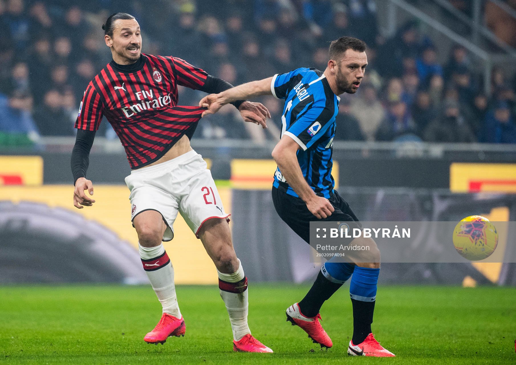 Zlatan Ibrahimovic of Milan and Stefan de Vrij of Inter