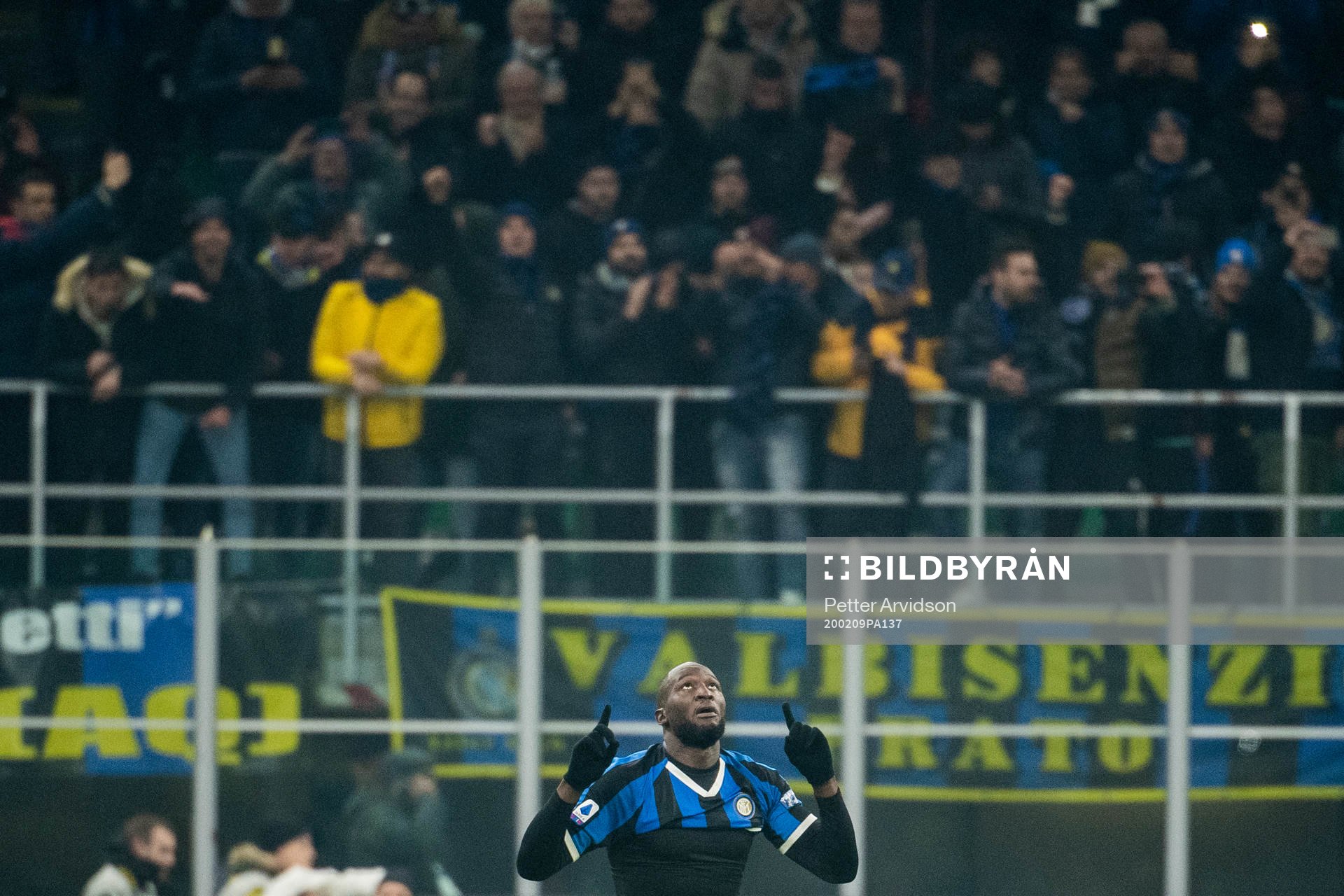 Romelu Lukaku of Inter celebrates after 4-2 during the Serie A match between Inter and Milan on February 9, 2020 in Milano.