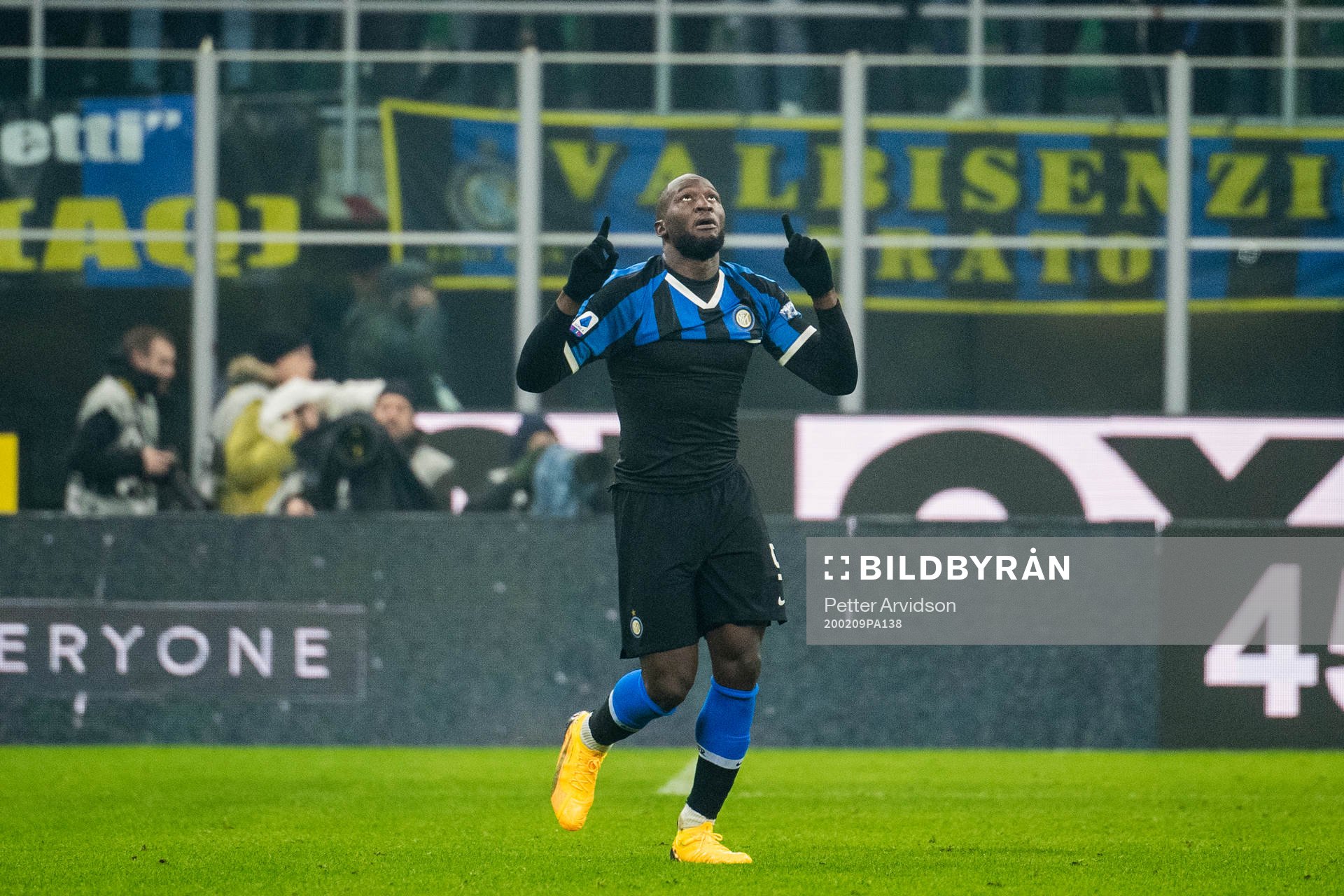 Romelu Lukaku of Inter celebrates after 4-2 during the Serie A match between Inter and Milan on February 9, 2020 in Milano.