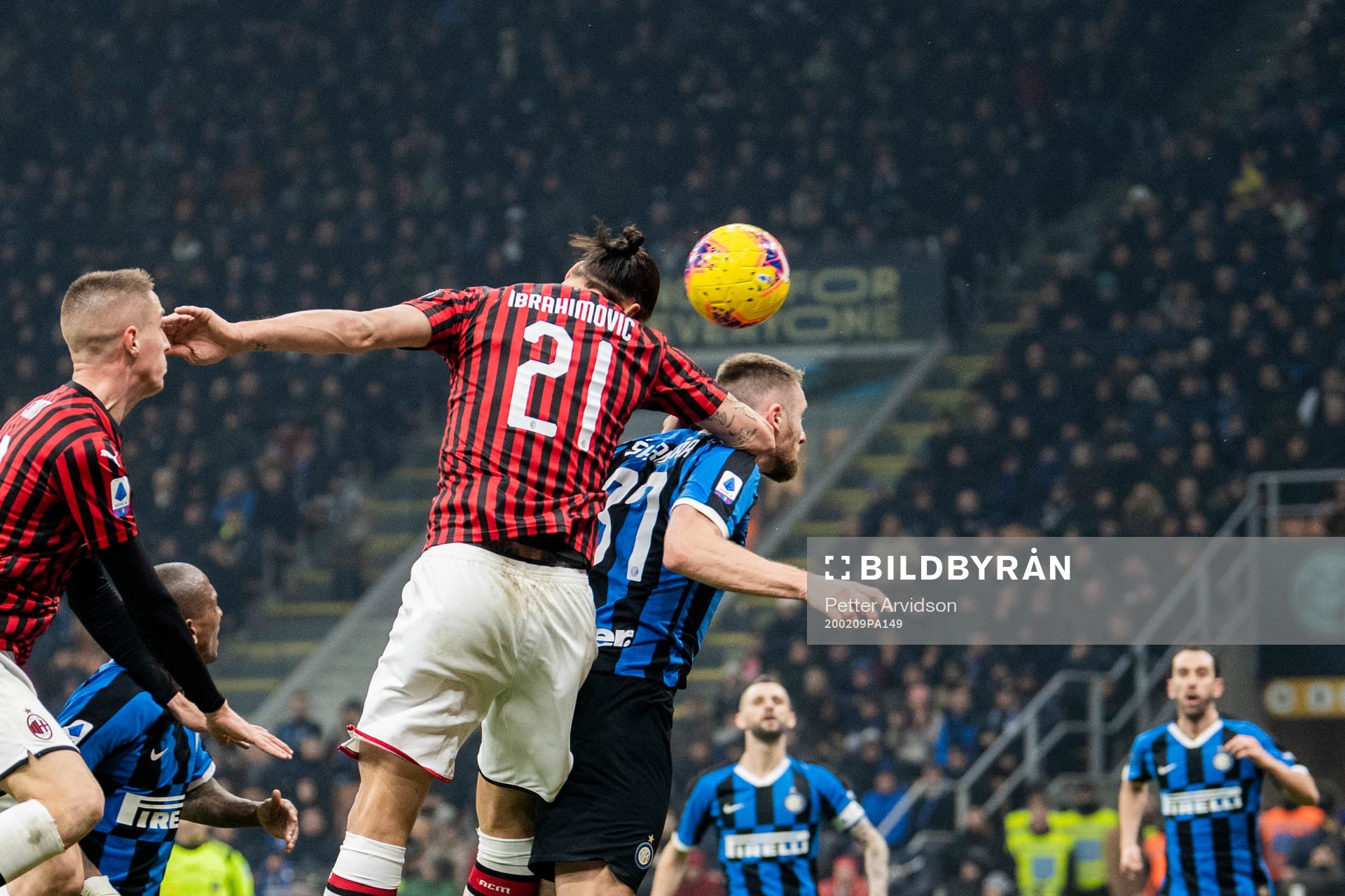 Zlatan Ibrahimovic of Milan and Milan Skriniar of Inter