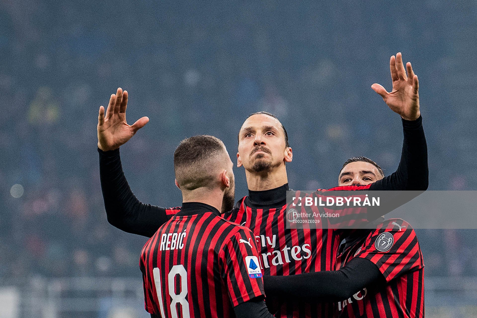 Zlatan Ibrahimovic of Milan celebrates after scoring 0-2 during the Serie A match between Inter and Milan on February 9, 2020 in Milano.