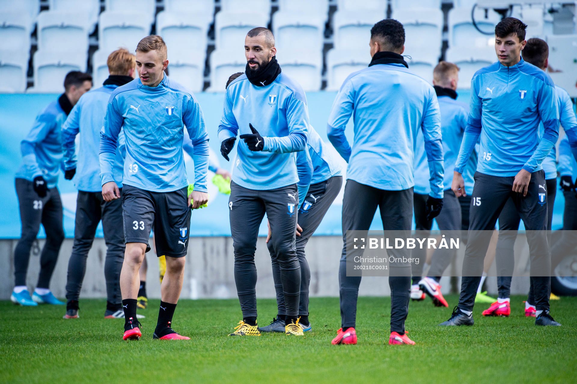Amel Mujanic och Guillermo Molins under Malmö FFs träning den 18 februari 2020 i Malmö.