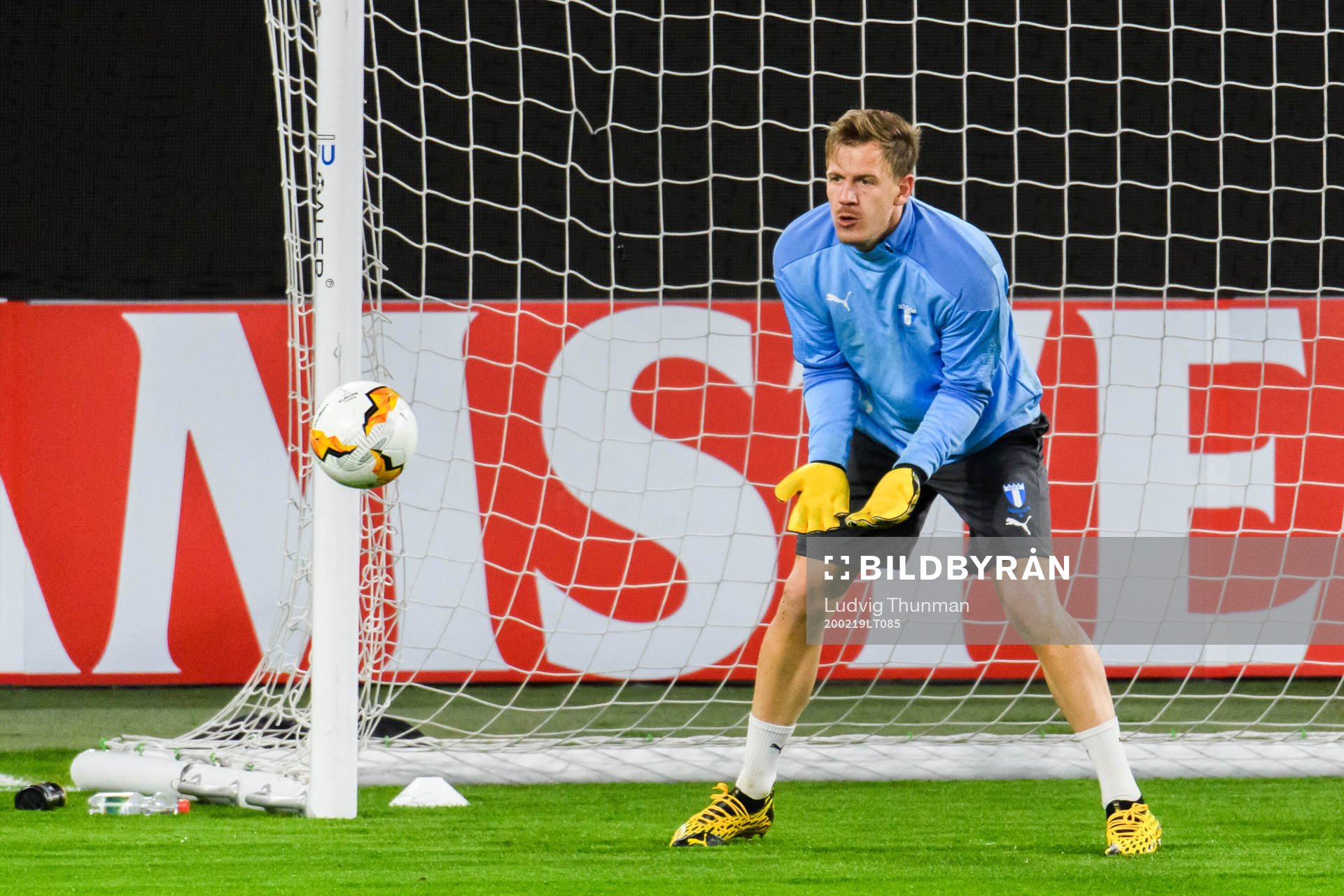 Goalkeeper Johan Dahlin during a practice with Malmö FF ahead of their Europa League match against Wolfsburg on February 19, 2020 in Wolfsburg.