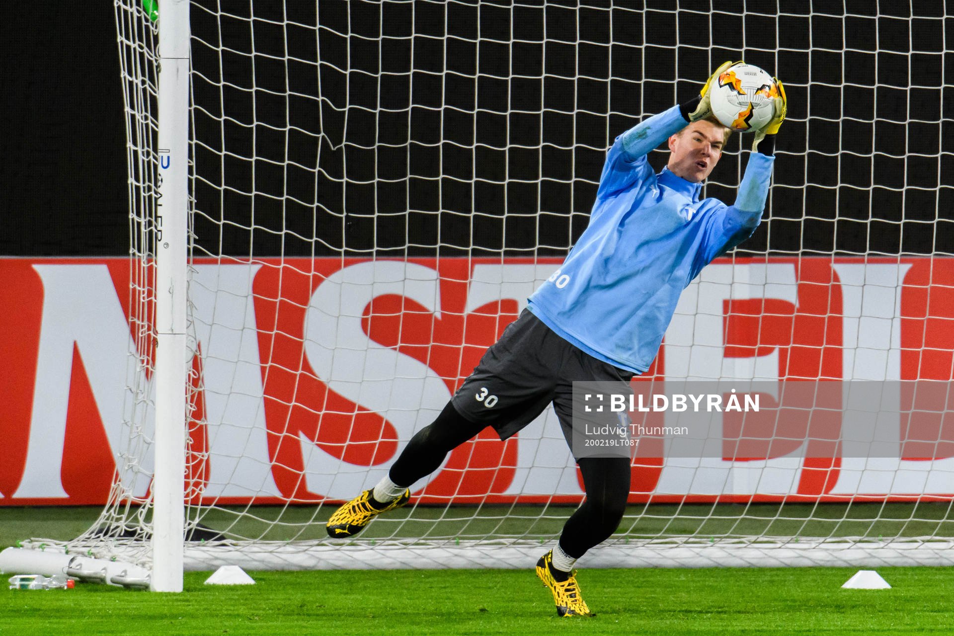 Goalkeeper Mathias Nilsson during a practice with Malmö FF ahead of their Europa League match against Wolfsburg on February 19, 2020 in Wolfsburg.