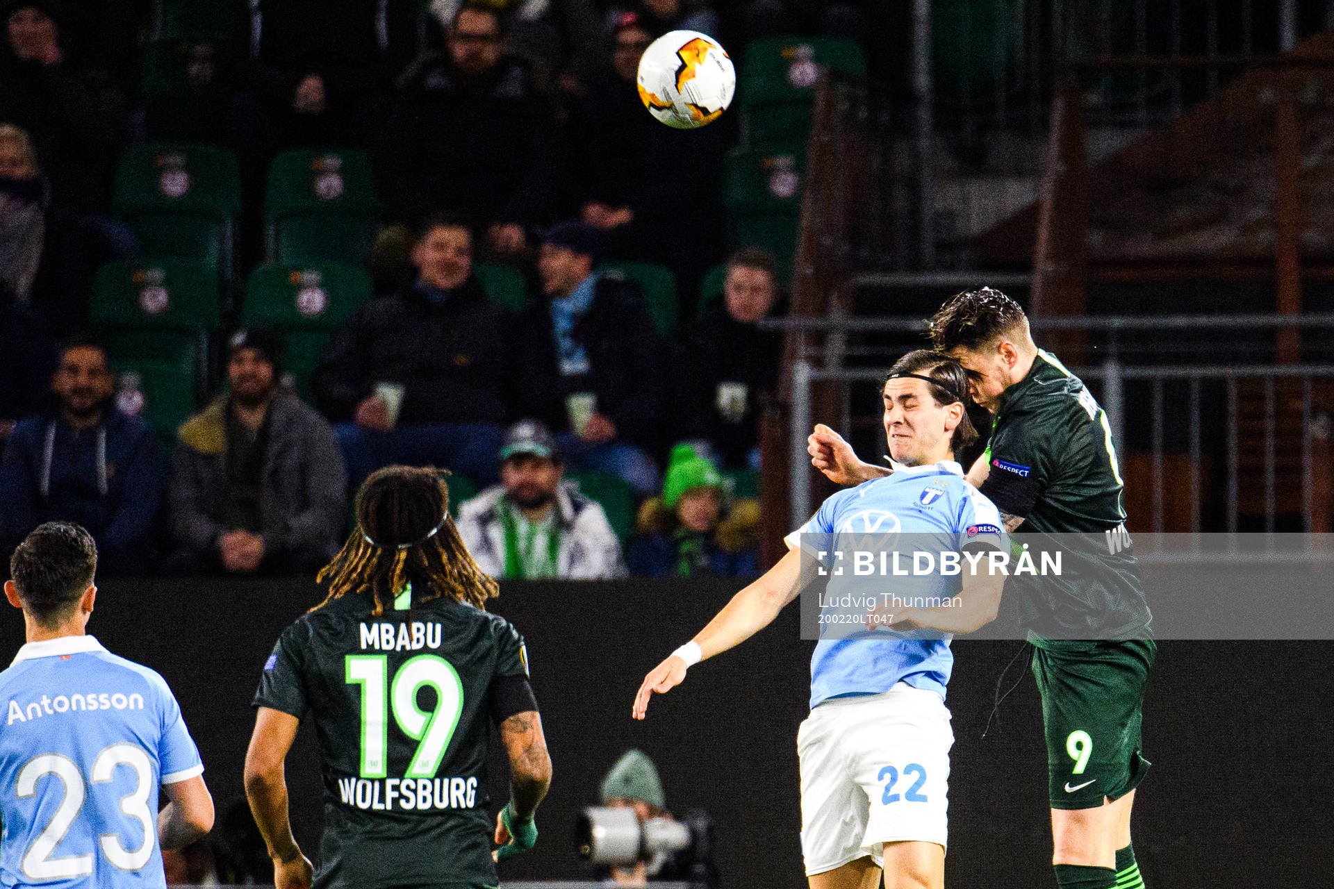 Adi Nalic of Malmö FF and Wout Weghorst of Wolfsburg during the Europa League round of 32 match between Wolfsburg and Malmö FF on February 20, 2020 in Wolfsburg.