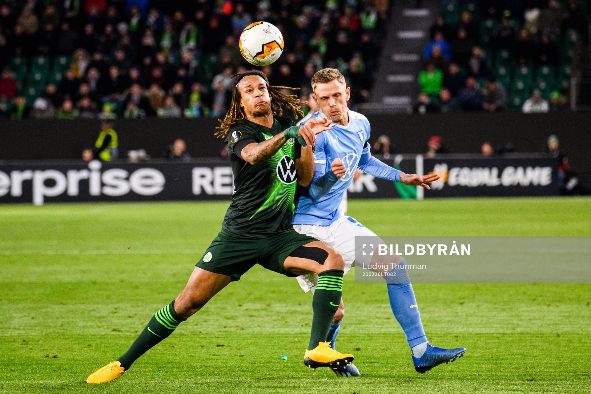 Sören Rieks of Malmö FF and Kevin Mbabu of Wolfsburg