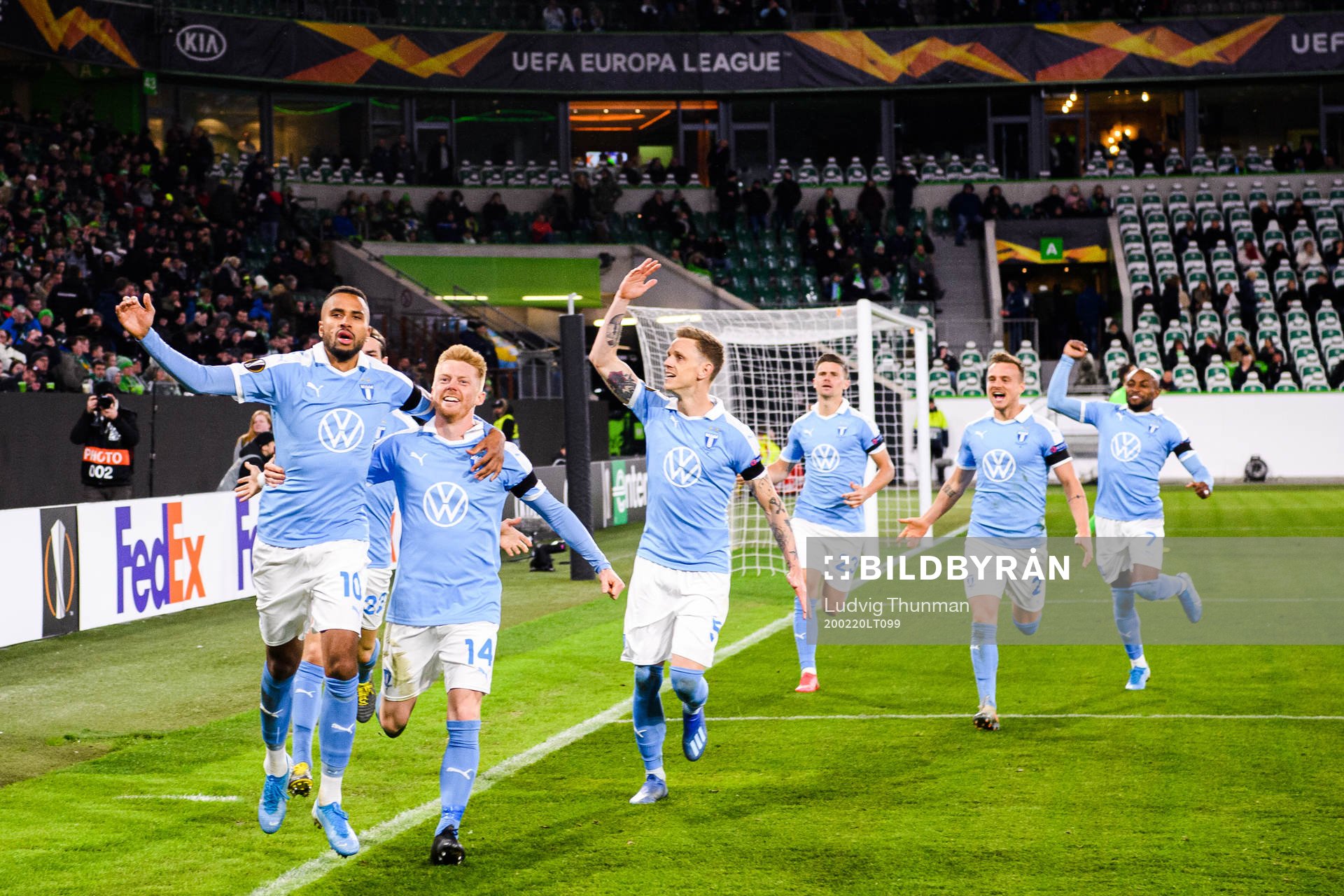 Isaac Kiese Thelin and Anders Christiansen of Malmö FF celebrate the 0-1 goal during the Europa League round of 32 match between Wolfsburg and Malmö FF on February 20, 2020 in Wolfsburg.