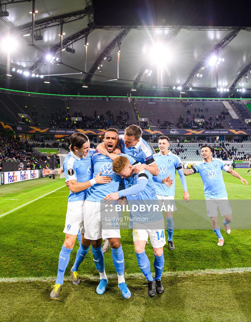 Isaac Kiese Thelin of Malmö FF celebrate the 0-1 goal during the Europa League round of 32 match between Wolfsburg and Malmö FF on February 20, 2020 in Wolfsburg.