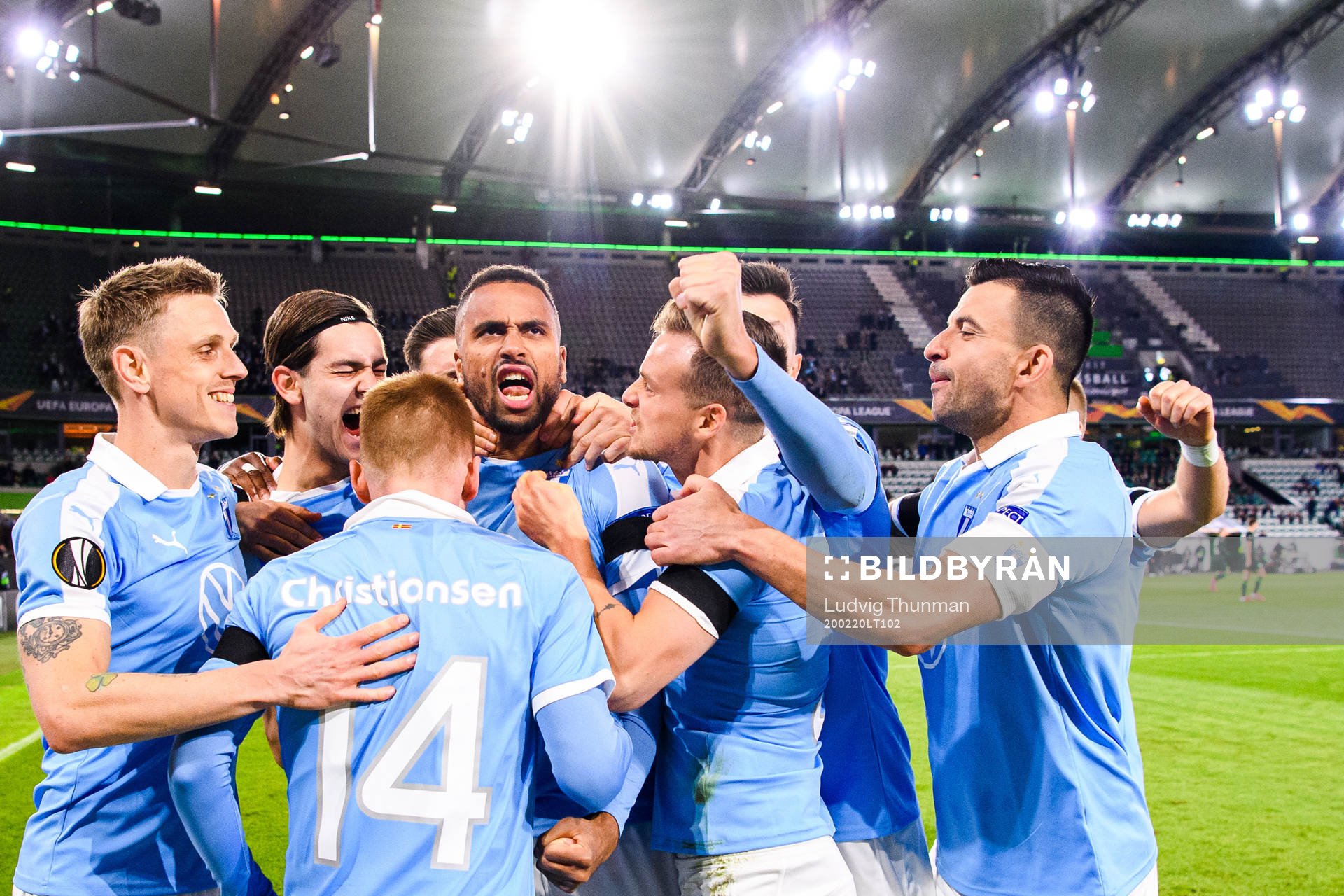 Isaac Kiese Thelin of Malmö FF celebrate the 0-1 goal during the Europa League round of 32 match between Wolfsburg and Malmö FF on February 20, 2020 in Wolfsburg.