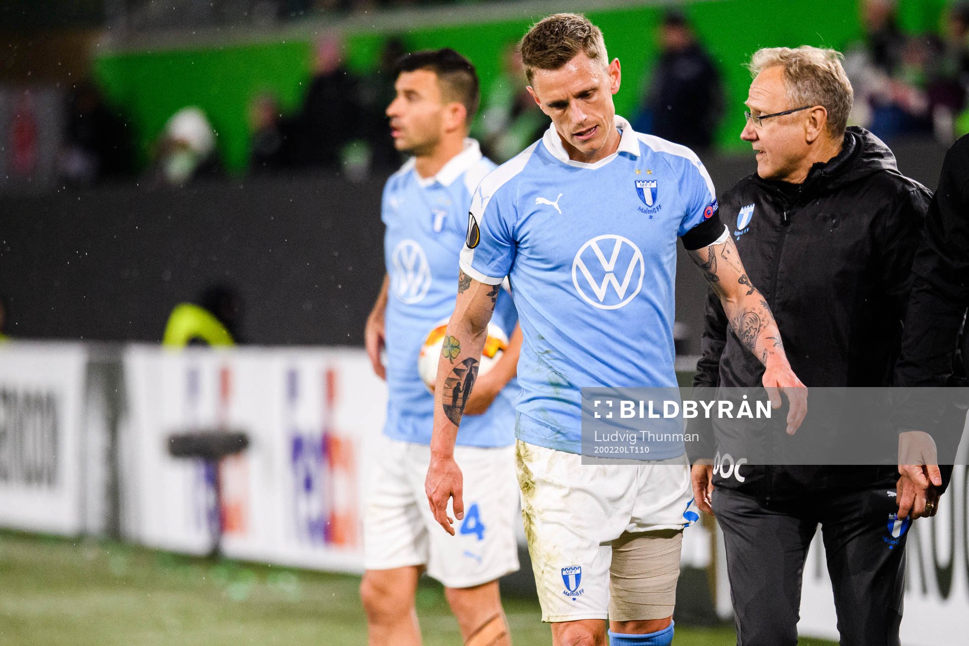 Sören Rieks of Malmö FF leaves the pitch in pain