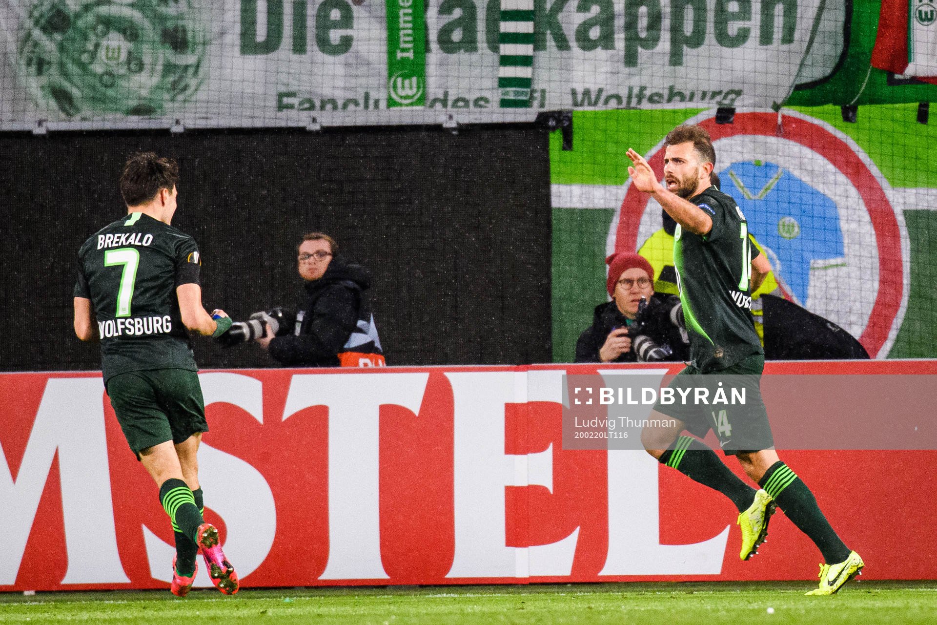 Admir Mehmedi of Wolfsburg celebrates the 2-1 goal during the Europa League round of 32 match between Wolfsburg and Malmö FF on February 20, 2020 in Wolfsburg.