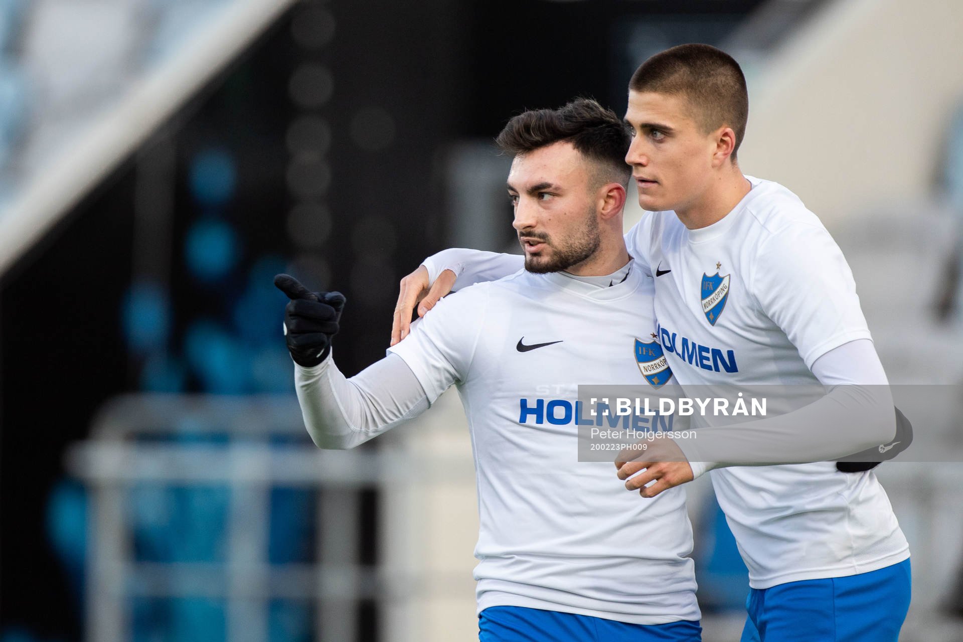 Norrköpings Sead Haksabanovic och Carl Björk jublar efter 1-0 under fotbollsmatchen i Svenska Cupen mellan IFK Norrköping och Halmstad den 23 februari 2020 i Norrköping.