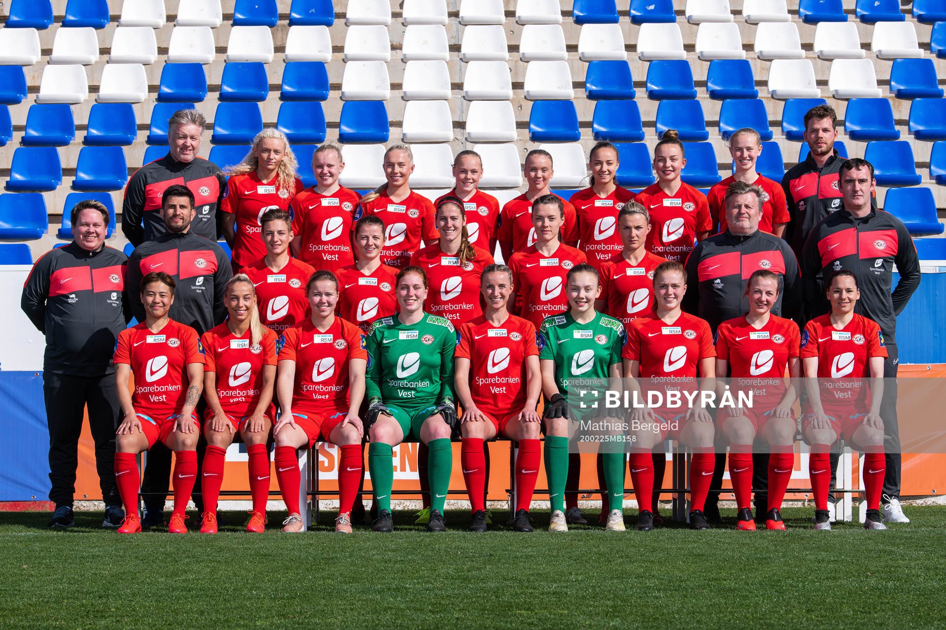 Arna-Bjørnar poses for a portrait on February 25, 2020 in La Manga. Top row from the left: Assistant coach Kjetil Lone, Madelen Holme, Linnea Laupstad, Thea Bjelde, Maria Østervold, Andrine Mo, Milena Kokosz, Ingrid Jåstad, Tora Ose and and physio Sören Klausen. Middle row: Team manager Bjarte Christensen, head coach Remi Natvik, Kristina Erman, Åsne Takle Eide, Pia Rijsdijk, Kristin Risnes, Emelie Lövgren, Stein Arve Lone and goalkeeper coach Gary Hogan, Bottom row: Meryll Abrahamsen, Rikke Nygard, Tanja Løfshus, goalkeeper Moa Edrud, Helene Gloppen, goalkeeper Andrea Kvamme, Kristina Brudvik, Alise Tilde Evensen and Marije Brummel. Editors note: This image has been retouched, object have been removed in the foreground.