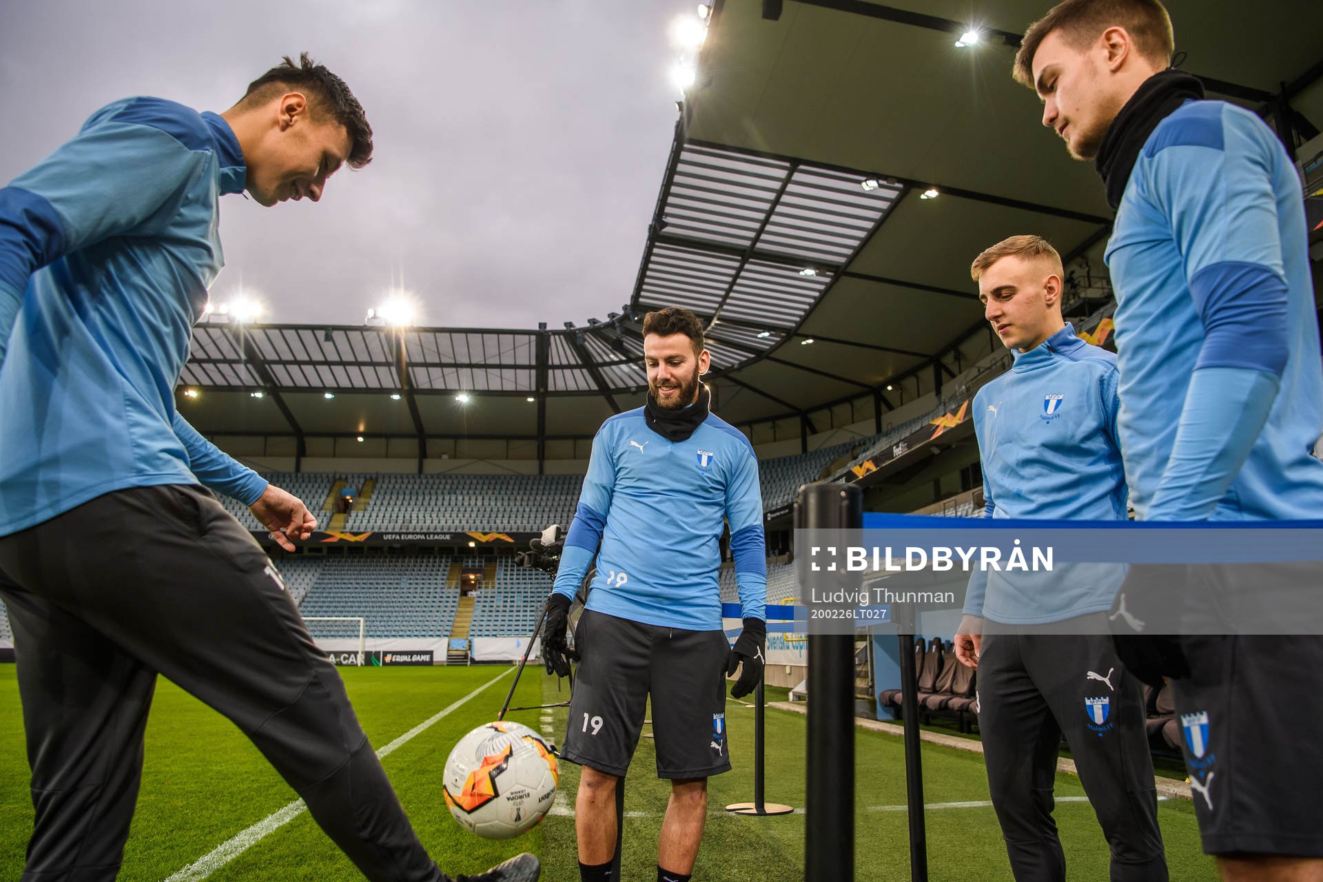Anel Ahmedhodzic, Erdal Rakip, Amel Mujanic and Tim Prica during a press conference and practice with Malmö FF ahead of their Europa League match against Wolfsburg on February 26, 2020 in Malmö.