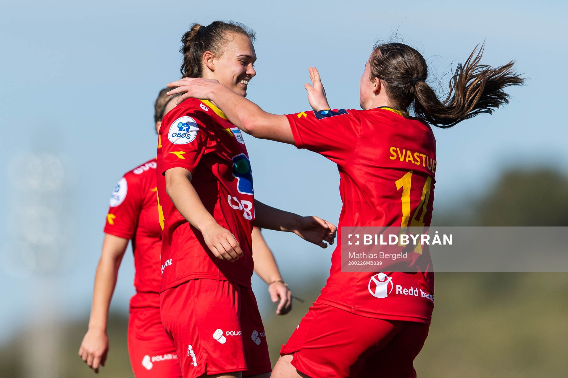 Synne Masdal celebrate with Ragne Hagen Svastuen after Linn Huseby of Røa (not pictured) scored 0-2 during a pre-season friendly football match between Røa and Klepp on February 26, 2020 in La Manga.