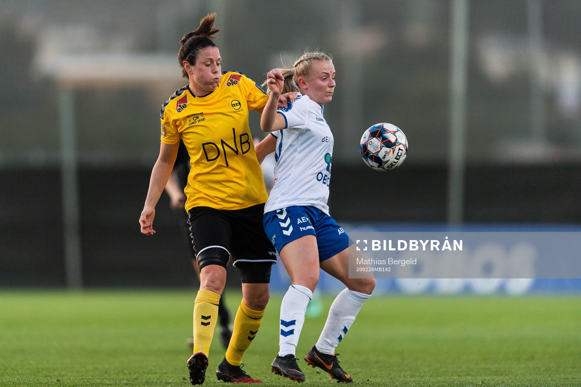 Isabell Bachor of LSK Kvinner and Tone Bettina Pirisi of Kolbotn compete for the ball during a pre-season friendly football match between LSK Kvinner and Kolbotn on February 26, 2020 in La Manga.