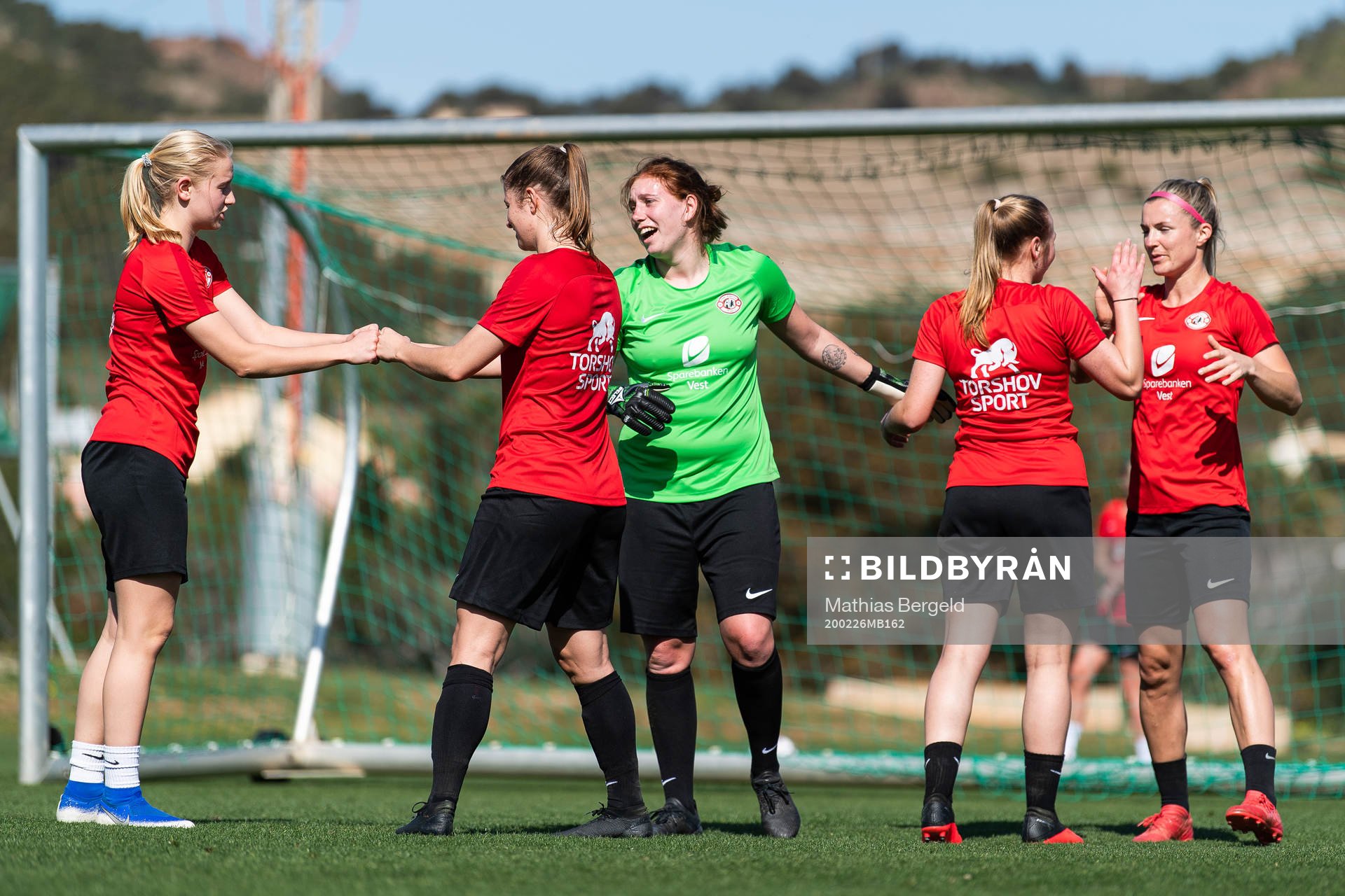 Tora Ose, Åsne Takle Eide and goalkeeper Moa Edrud and of Arna-Bjørnar during a training session at the Toppserien pre-season camp on February 26, 2020 in La Manga.