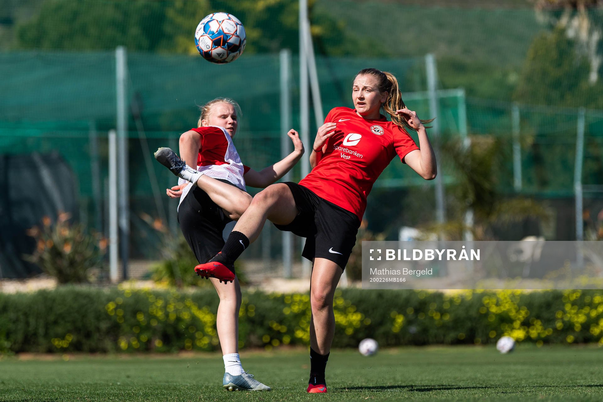Linnea Laupstad and Alise Tilde Evensen of Arna-Bjørnar during a training session at the Toppserien pre-season camp on February 26, 2020 in La Manga.